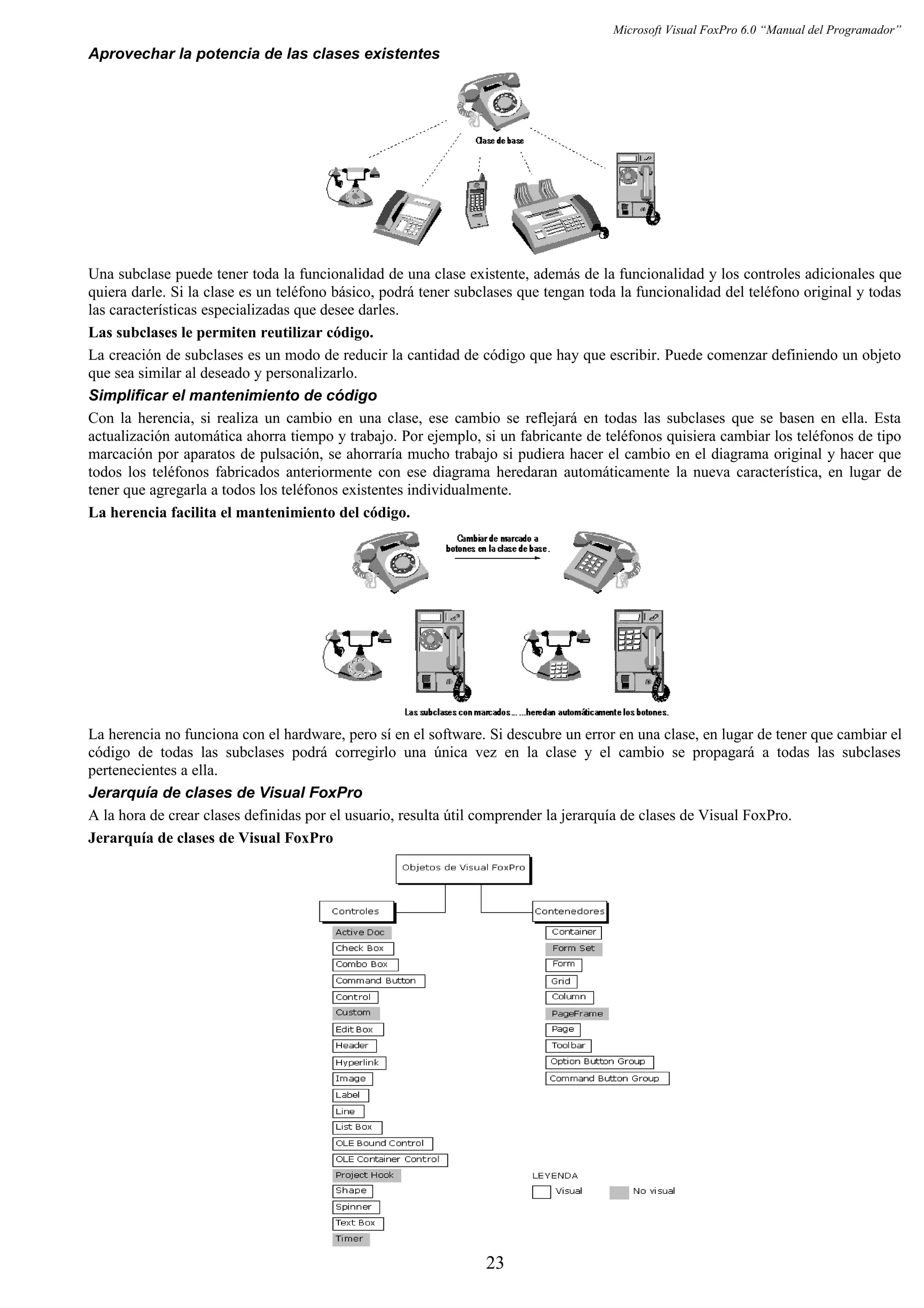 Microsoft Visual FoxPro 6.0 “Manual del Programador”
Aprovechar la potencia de las clases existentes
Una subclase puede tener toda la funcionalidad de una clase existente, además de la funcionalidad y los controles adicionales que
quiera darle. Si la clase es un teléfono básico, podrá tener subclases que tengan toda la funcionalidad del teléfono original y todas
las características especializadas que desee darles.
Las subclases le permiten reutilizar código.
La creación de subclases es un modo de reducir la cantidad de código que hay que escribir. Puede comenzar definiendo un objeto
que sea similar al deseado y personalizarlo.
Simplificar el mantenimiento de código
Con la herencia, si realiza un cambio en una clase, ese cambio se reflejará en todas las subclases que se basen en ella. Esta
actualización automática ahorra tiempo y trabajo. Por ejemplo, si un fabricante de teléfonos quisiera cambiar los teléfonos de tipo
marcación por aparatos de pulsación, se ahorraría mucho trabajo si pudiera hacer el cambio en el diagrama original y hacer que
todos los teléfonos fabricados anteriormente con ese diagrama heredaran automáticamente la nueva característica, en lugar de
tener que agregarla a todos los teléfonos existentes individualmente.
La herencia facilita el mantenimiento del código.
La herencia no funciona con el hardware, pero sí en el software. Si descubre un error en una clase, en lugar de tener que cambiar el
código de todas las subclases podrá corregirlo una única vez en la clase y el cambio se propagará a todas las subclases
pertenecientes a ella.
Jerarquía de clases de Visual FoxPro
A la hora de crear clases definidas por el usuario, resulta útil comprender la jerarquía de clases de Visual FoxPro.
Jerarquía de clases de Visual FoxPro
23
 