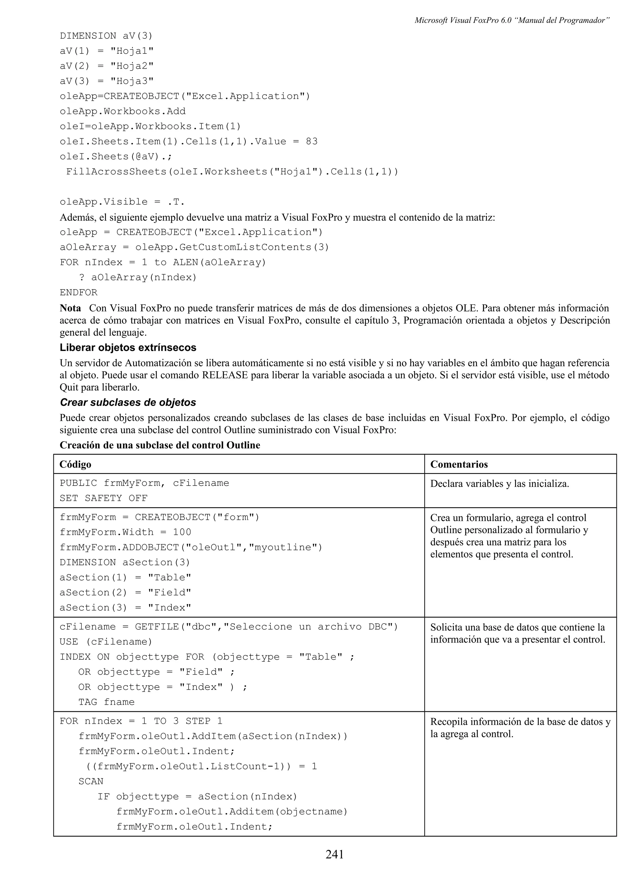 Microsoft Visual FoxPro 6.0 “Manual del Programador”
DIMENSION aV(3)
aV(1) = "Hoja1"
aV(2) = "Hoja2"
aV(3) = "Hoja3"
oleApp=CREATEOBJECT("Excel.Application")
oleApp.Workbooks.Add
oleI=oleApp.Workbooks.Item(1)
oleI.Sheets.Item(1).Cells(1,1).Value = 83
oleI.Sheets(@aV).;
FillAcrossSheets(oleI.Worksheets("Hoja1").Cells(1,1))
oleApp.Visible = .T.
Además, el siguiente ejemplo devuelve una matriz a Visual FoxPro y muestra el contenido de la matriz:
oleApp = CREATEOBJECT("Excel.Application")
aOleArray = oleApp.GetCustomListContents(3)
FOR nIndex = 1 to ALEN(aOleArray)
? aOleArray(nIndex)
ENDFOR
Nota Con Visual FoxPro no puede transferir matrices de más de dos dimensiones a objetos OLE. Para obtener más información
acerca de cómo trabajar con matrices en Visual FoxPro, consulte el capítulo 3, Programación orientada a objetos y Descripción
general del lenguaje.
Liberar objetos extrínsecos
Un servidor de Automatización se libera automáticamente si no está visible y si no hay variables en el ámbito que hagan referencia
al objeto. Puede usar el comando RELEASE para liberar la variable asociada a un objeto. Si el servidor está visible, use el método
Quit para liberarlo.
Crear subclases de objetos
Puede crear objetos personalizados creando subclases de las clases de base incluidas en Visual FoxPro. Por ejemplo, el código
siguiente crea una subclase del control Outline suministrado con Visual FoxPro:
Creación de una subclase del control Outline
Código Comentarios
PUBLIC frmMyForm, cFilename
SET SAFETY OFF
Declara variables y las inicializa.
frmMyForm = CREATEOBJECT("form")
frmMyForm.Width = 100
frmMyForm.ADDOBJECT("oleOutl","myoutline")
DIMENSION aSection(3)
aSection(1) = "Table"
aSection(2) = "Field"
aSection(3) = "Index"
Crea un formulario, agrega el control
Outline personalizado al formulario y
después crea una matriz para los
elementos que presenta el control.
cFilename = GETFILE("dbc","Seleccione un archivo DBC")
USE (cFilename)
INDEX ON objecttype FOR (objecttype = "Table" ;
OR objecttype = "Field" ;
OR objecttype = "Index" ) ;
TAG fname
Solicita una base de datos que contiene la
información que va a presentar el control.
FOR nIndex = 1 TO 3 STEP 1
frmMyForm.oleOutl.AddItem(aSection(nIndex))
frmMyForm.oleOutl.Indent;
((frmMyForm.oleOutl.ListCount-1)) = 1
SCAN
IF objecttype = aSection(nIndex)
frmMyForm.oleOutl.Additem(objectname)
frmMyForm.oleOutl.Indent;
Recopila información de la base de datos y
la agrega al control.
241
 