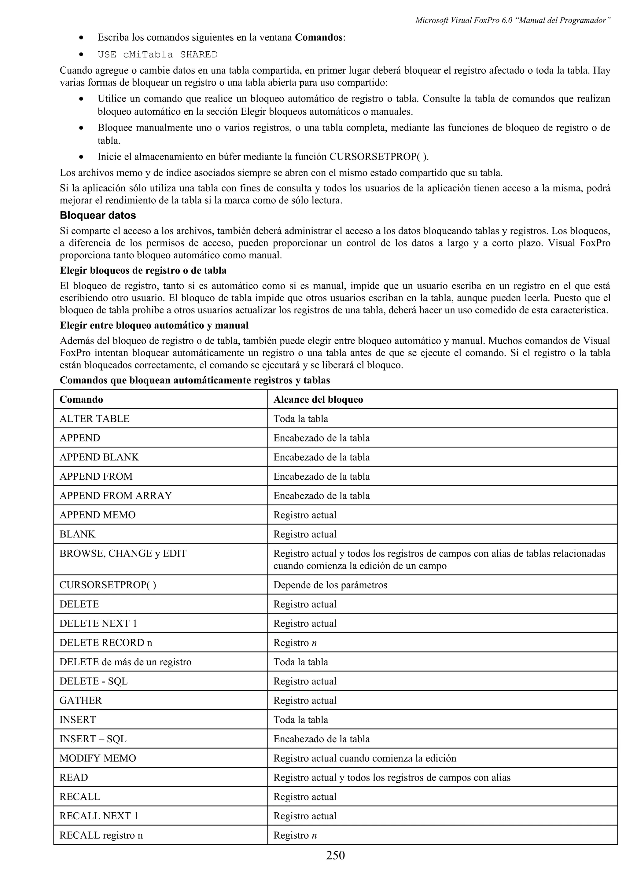 Microsoft Visual FoxPro 6.0 “Manual del Programador”
• Escriba los comandos siguientes en la ventana Comandos:
• USE cMiTabla SHARED
Cuando agregue o cambie datos en una tabla compartida, en primer lugar deberá bloquear el registro afectado o toda la tabla. Hay
varias formas de bloquear un registro o una tabla abierta para uso compartido:
• Utilice un comando que realice un bloqueo automático de registro o tabla. Consulte la tabla de comandos que realizan
bloqueo automático en la sección Elegir bloqueos automáticos o manuales.
• Bloquee manualmente uno o varios registros, o una tabla completa, mediante las funciones de bloqueo de registro o de
tabla.
• Inicie el almacenamiento en búfer mediante la función CURSORSETPROP( ).
Los archivos memo y de índice asociados siempre se abren con el mismo estado compartido que su tabla.
Si la aplicación sólo utiliza una tabla con fines de consulta y todos los usuarios de la aplicación tienen acceso a la misma, podrá
mejorar el rendimiento de la tabla si la marca como de sólo lectura.
Bloquear datos
Si comparte el acceso a los archivos, también deberá administrar el acceso a los datos bloqueando tablas y registros. Los bloqueos,
a diferencia de los permisos de acceso, pueden proporcionar un control de los datos a largo y a corto plazo. Visual FoxPro
proporciona tanto bloqueo automático como manual.
Elegir bloqueos de registro o de tabla
El bloqueo de registro, tanto si es automático como si es manual, impide que un usuario escriba en un registro en el que está
escribiendo otro usuario. El bloqueo de tabla impide que otros usuarios escriban en la tabla, aunque pueden leerla. Puesto que el
bloqueo de tabla prohibe a otros usuarios actualizar los registros de una tabla, deberá hacer un uso comedido de esta característica.
Elegir entre bloqueo automático y manual
Además del bloqueo de registro o de tabla, también puede elegir entre bloqueo automático y manual. Muchos comandos de Visual
FoxPro intentan bloquear automáticamente un registro o una tabla antes de que se ejecute el comando. Si el registro o la tabla
están bloqueados correctamente, el comando se ejecutará y se liberará el bloqueo.
Comandos que bloquean automáticamente registros y tablas
Comando Alcance del bloqueo
ALTER TABLE Toda la tabla
APPEND Encabezado de la tabla
APPEND BLANK Encabezado de la tabla
APPEND FROM Encabezado de la tabla
APPEND FROM ARRAY Encabezado de la tabla
APPEND MEMO Registro actual
BLANK Registro actual
BROWSE, CHANGE y EDIT Registro actual y todos los registros de campos con alias de tablas relacionadas
cuando comienza la edición de un campo
CURSORSETPROP( ) Depende de los parámetros
DELETE Registro actual
DELETE NEXT 1 Registro actual
DELETE RECORD n Registro n
DELETE de más de un registro Toda la tabla
DELETE - SQL Registro actual
GATHER Registro actual
INSERT Toda la tabla
INSERT – SQL Encabezado de la tabla
MODIFY MEMO Registro actual cuando comienza la edición
READ Registro actual y todos los registros de campos con alias
RECALL Registro actual
RECALL NEXT 1 Registro actual
RECALL registro n Registro n
250
 