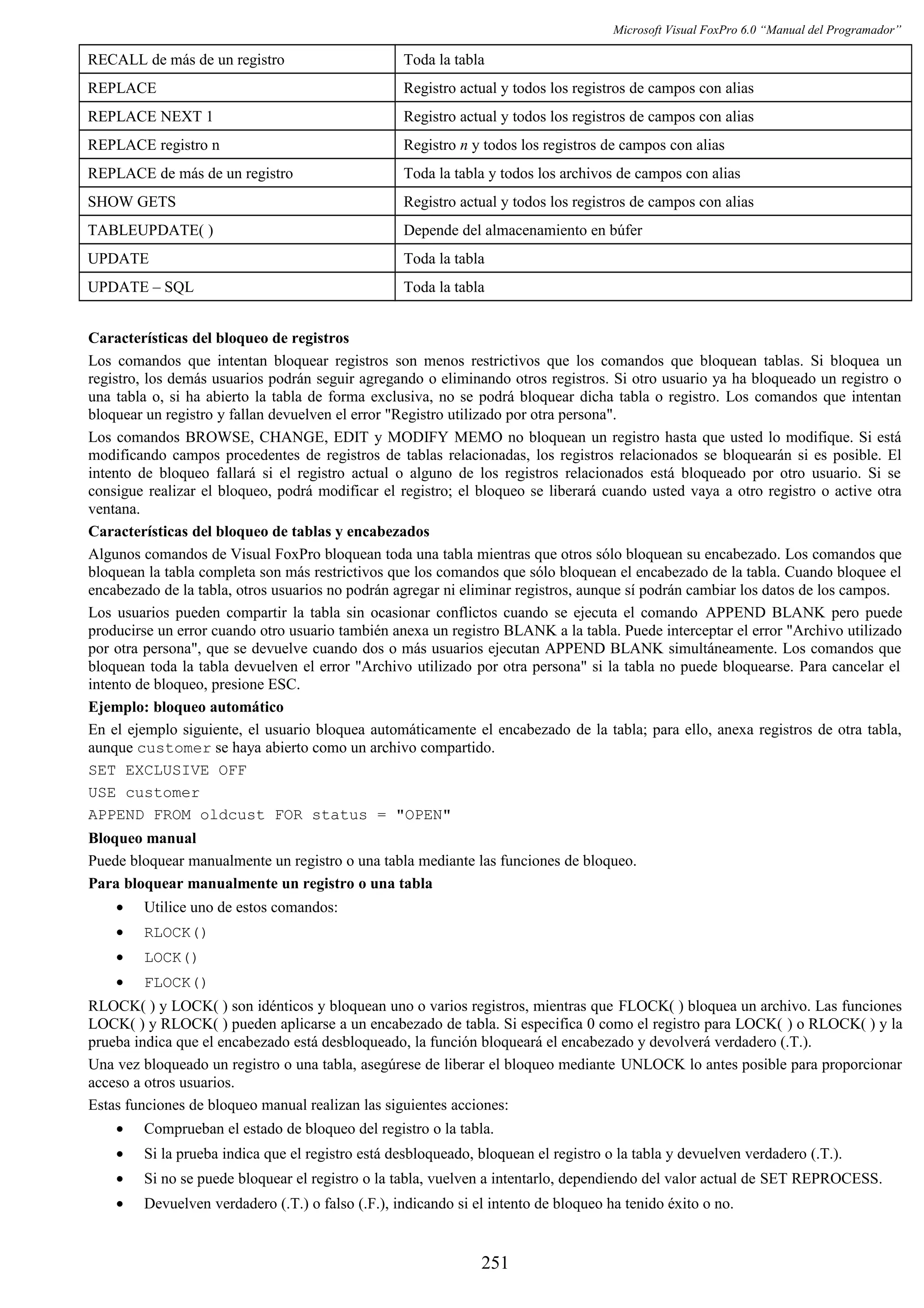 Microsoft Visual FoxPro 6.0 “Manual del Programador”
RECALL de más de un registro Toda la tabla
REPLACE Registro actual y todos los registros de campos con alias
REPLACE NEXT 1 Registro actual y todos los registros de campos con alias
REPLACE registro n Registro n y todos los registros de campos con alias
REPLACE de más de un registro Toda la tabla y todos los archivos de campos con alias
SHOW GETS Registro actual y todos los registros de campos con alias
TABLEUPDATE( ) Depende del almacenamiento en búfer
UPDATE Toda la tabla
UPDATE – SQL Toda la tabla
Características del bloqueo de registros
Los comandos que intentan bloquear registros son menos restrictivos que los comandos que bloquean tablas. Si bloquea un
registro, los demás usuarios podrán seguir agregando o eliminando otros registros. Si otro usuario ya ha bloqueado un registro o
una tabla o, si ha abierto la tabla de forma exclusiva, no se podrá bloquear dicha tabla o registro. Los comandos que intentan
bloquear un registro y fallan devuelven el error "Registro utilizado por otra persona".
Los comandos BROWSE, CHANGE, EDIT y MODIFY MEMO no bloquean un registro hasta que usted lo modifique. Si está
modificando campos procedentes de registros de tablas relacionadas, los registros relacionados se bloquearán si es posible. El
intento de bloqueo fallará si el registro actual o alguno de los registros relacionados está bloqueado por otro usuario. Si se
consigue realizar el bloqueo, podrá modificar el registro; el bloqueo se liberará cuando usted vaya a otro registro o active otra
ventana.
Características del bloqueo de tablas y encabezados
Algunos comandos de Visual FoxPro bloquean toda una tabla mientras que otros sólo bloquean su encabezado. Los comandos que
bloquean la tabla completa son más restrictivos que los comandos que sólo bloquean el encabezado de la tabla. Cuando bloquee el
encabezado de la tabla, otros usuarios no podrán agregar ni eliminar registros, aunque sí podrán cambiar los datos de los campos.
Los usuarios pueden compartir la tabla sin ocasionar conflictos cuando se ejecuta el comando APPEND BLANK pero puede
producirse un error cuando otro usuario también anexa un registro BLANK a la tabla. Puede interceptar el error "Archivo utilizado
por otra persona", que se devuelve cuando dos o más usuarios ejecutan APPEND BLANK simultáneamente. Los comandos que
bloquean toda la tabla devuelven el error "Archivo utilizado por otra persona" si la tabla no puede bloquearse. Para cancelar el
intento de bloqueo, presione ESC.
Ejemplo: bloqueo automático
En el ejemplo siguiente, el usuario bloquea automáticamente el encabezado de la tabla; para ello, anexa registros de otra tabla,
aunque customer se haya abierto como un archivo compartido.
SET EXCLUSIVE OFF
USE customer
APPEND FROM oldcust FOR status = "OPEN"
Bloqueo manual
Puede bloquear manualmente un registro o una tabla mediante las funciones de bloqueo.
Para bloquear manualmente un registro o una tabla
• Utilice uno de estos comandos:
• RLOCK()
• LOCK()
• FLOCK()
RLOCK( ) y LOCK( ) son idénticos y bloquean uno o varios registros, mientras que FLOCK( ) bloquea un archivo. Las funciones
LOCK( ) y RLOCK( ) pueden aplicarse a un encabezado de tabla. Si especifica 0 como el registro para LOCK( ) o RLOCK( ) y la
prueba indica que el encabezado está desbloqueado, la función bloqueará el encabezado y devolverá verdadero (.T.).
Una vez bloqueado un registro o una tabla, asegúrese de liberar el bloqueo mediante UNLOCK lo antes posible para proporcionar
acceso a otros usuarios.
Estas funciones de bloqueo manual realizan las siguientes acciones:
• Comprueban el estado de bloqueo del registro o la tabla.
• Si la prueba indica que el registro está desbloqueado, bloquean el registro o la tabla y devuelven verdadero (.T.).
• Si no se puede bloquear el registro o la tabla, vuelven a intentarlo, dependiendo del valor actual de SET REPROCESS.
• Devuelven verdadero (.T.) o falso (.F.), indicando si el intento de bloqueo ha tenido éxito o no.
251
 