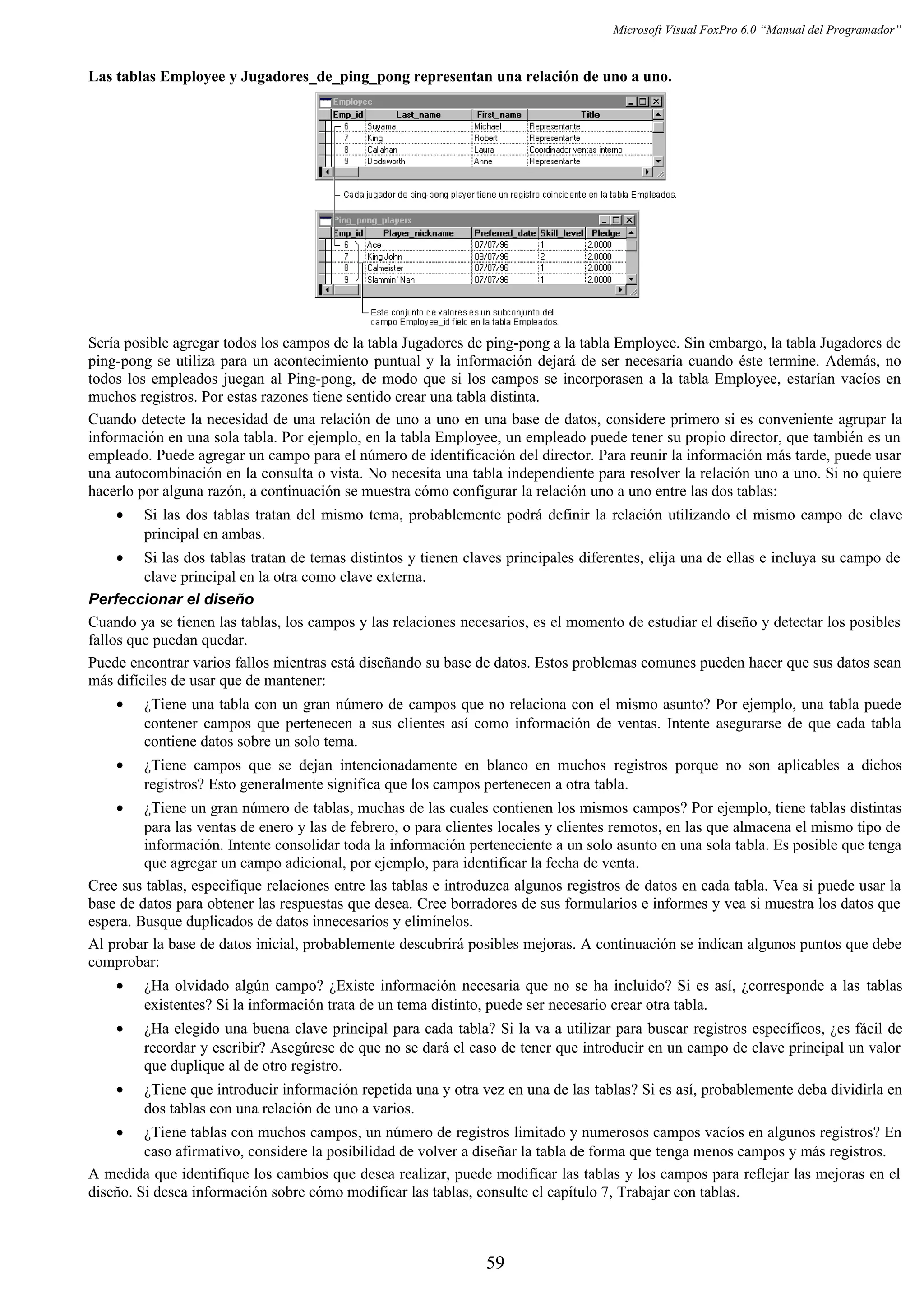 Microsoft Visual FoxPro 6.0 “Manual del Programador”
Las tablas Employee y Jugadores_de_ping_pong representan una relación de uno a uno.
Sería posible agregar todos los campos de la tabla Jugadores de ping-pong a la tabla Employee. Sin embargo, la tabla Jugadores de
ping-pong se utiliza para un acontecimiento puntual y la información dejará de ser necesaria cuando éste termine. Además, no
todos los empleados juegan al Ping-pong, de modo que si los campos se incorporasen a la tabla Employee, estarían vacíos en
muchos registros. Por estas razones tiene sentido crear una tabla distinta.
Cuando detecte la necesidad de una relación de uno a uno en una base de datos, considere primero si es conveniente agrupar la
información en una sola tabla. Por ejemplo, en la tabla Employee, un empleado puede tener su propio director, que también es un
empleado. Puede agregar un campo para el número de identificación del director. Para reunir la información más tarde, puede usar
una autocombinación en la consulta o vista. No necesita una tabla independiente para resolver la relación uno a uno. Si no quiere
hacerlo por alguna razón, a continuación se muestra cómo configurar la relación uno a uno entre las dos tablas:
• Si las dos tablas tratan del mismo tema, probablemente podrá definir la relación utilizando el mismo campo de clave
principal en ambas.
• Si las dos tablas tratan de temas distintos y tienen claves principales diferentes, elija una de ellas e incluya su campo de
clave principal en la otra como clave externa.
Perfeccionar el diseño
Cuando ya se tienen las tablas, los campos y las relaciones necesarios, es el momento de estudiar el diseño y detectar los posibles
fallos que puedan quedar.
Puede encontrar varios fallos mientras está diseñando su base de datos. Estos problemas comunes pueden hacer que sus datos sean
más difíciles de usar que de mantener:
• ¿Tiene una tabla con un gran número de campos que no relaciona con el mismo asunto? Por ejemplo, una tabla puede
contener campos que pertenecen a sus clientes así como información de ventas. Intente asegurarse de que cada tabla
contiene datos sobre un solo tema.
• ¿Tiene campos que se dejan intencionadamente en blanco en muchos registros porque no son aplicables a dichos
registros? Esto generalmente significa que los campos pertenecen a otra tabla.
• ¿Tiene un gran número de tablas, muchas de las cuales contienen los mismos campos? Por ejemplo, tiene tablas distintas
para las ventas de enero y las de febrero, o para clientes locales y clientes remotos, en las que almacena el mismo tipo de
información. Intente consolidar toda la información perteneciente a un solo asunto en una sola tabla. Es posible que tenga
que agregar un campo adicional, por ejemplo, para identificar la fecha de venta.
Cree sus tablas, especifique relaciones entre las tablas e introduzca algunos registros de datos en cada tabla. Vea si puede usar la
base de datos para obtener las respuestas que desea. Cree borradores de sus formularios e informes y vea si muestra los datos que
espera. Busque duplicados de datos innecesarios y elimínelos.
Al probar la base de datos inicial, probablemente descubrirá posibles mejoras. A continuación se indican algunos puntos que debe
comprobar:
• ¿Ha olvidado algún campo? ¿Existe información necesaria que no se ha incluido? Si es así, ¿corresponde a las tablas
existentes? Si la información trata de un tema distinto, puede ser necesario crear otra tabla.
• ¿Ha elegido una buena clave principal para cada tabla? Si la va a utilizar para buscar registros específicos, ¿es fácil de
recordar y escribir? Asegúrese de que no se dará el caso de tener que introducir en un campo de clave principal un valor
que duplique al de otro registro.
• ¿Tiene que introducir información repetida una y otra vez en una de las tablas? Si es así, probablemente deba dividirla en
dos tablas con una relación de uno a varios.
• ¿Tiene tablas con muchos campos, un número de registros limitado y numerosos campos vacíos en algunos registros? En
caso afirmativo, considere la posibilidad de volver a diseñar la tabla de forma que tenga menos campos y más registros.
A medida que identifique los cambios que desea realizar, puede modificar las tablas y los campos para reflejar las mejoras en el
diseño. Si desea información sobre cómo modificar las tablas, consulte el capítulo 7, Trabajar con tablas.
59
 