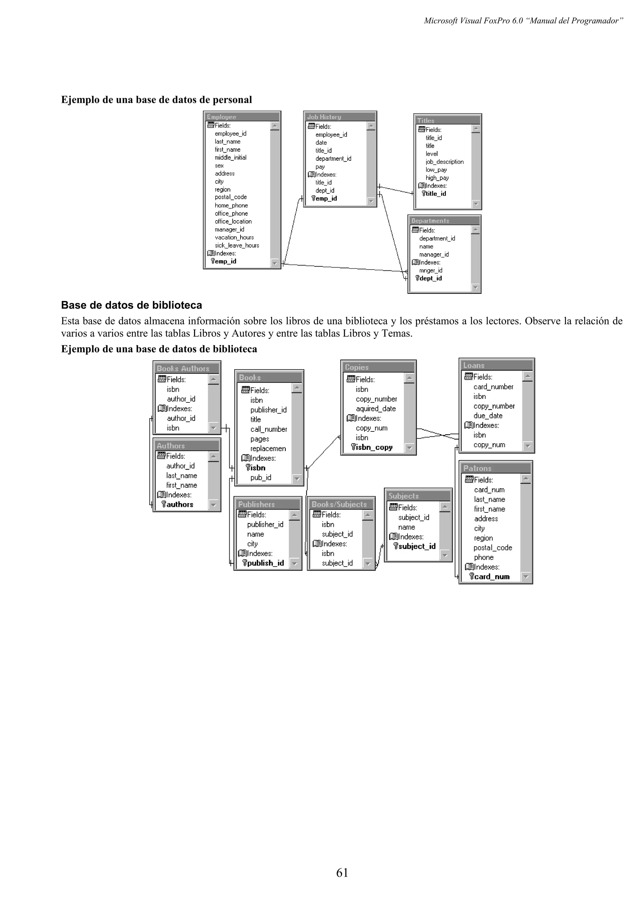 Microsoft Visual FoxPro 6.0 “Manual del Programador”
Ejemplo de una base de datos de personal
Base de datos de biblioteca
Esta base de datos almacena información sobre los libros de una biblioteca y los préstamos a los lectores. Observe la relación de
varios a varios entre las tablas Libros y Autores y entre las tablas Libros y Temas.
Ejemplo de una base de datos de biblioteca
61
 