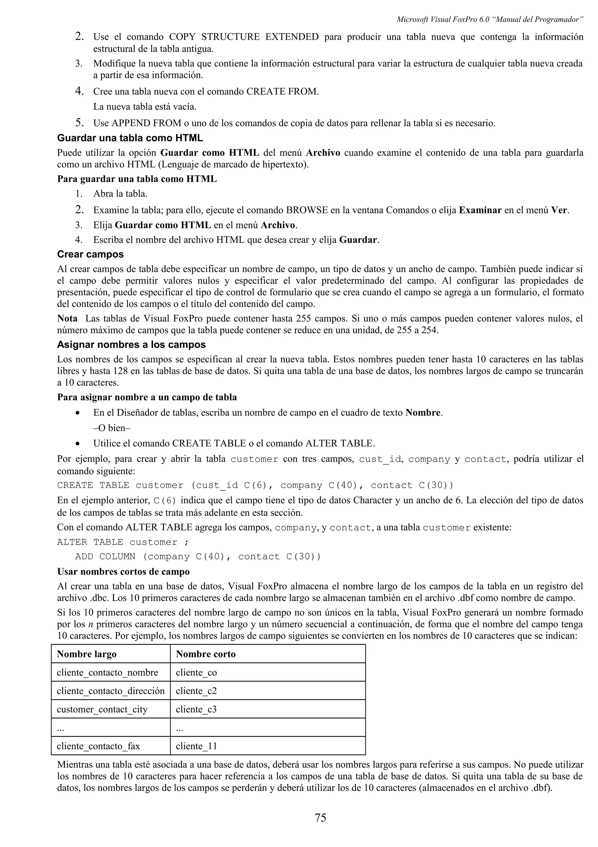 Microsoft Visual FoxPro 6.0 “Manual del Programador”
2. Use el comando COPY STRUCTURE EXTENDED para producir una tabla nueva que contenga la información
estructural de la tabla antigua.
3. Modifique la nueva tabla que contiene la información estructural para variar la estructura de cualquier tabla nueva creada
a partir de esa información.
4. Cree una tabla nueva con el comando CREATE FROM.
La nueva tabla está vacía.
5. Use APPEND FROM o uno de los comandos de copia de datos para rellenar la tabla si es necesario.
Guardar una tabla como HTML
Puede utilizar la opción Guardar como HTML del menú Archivo cuando examine el contenido de una tabla para guardarla
como un archivo HTML (Lenguaje de marcado de hipertexto).
Para guardar una tabla como HTML
1. Abra la tabla.
2. Examine la tabla; para ello, ejecute el comando BROWSE en la ventana Comandos o elija Examinar en el menú Ver.
3. Elija Guardar como HTML en el menú Archivo.
4. Escriba el nombre del archivo HTML que desea crear y elija Guardar.
Crear campos
Al crear campos de tabla debe especificar un nombre de campo, un tipo de datos y un ancho de campo. También puede indicar si
el campo debe permitir valores nulos y especificar el valor predeterminado del campo. Al configurar las propiedades de
presentación, puede especificar el tipo de control de formulario que se crea cuando el campo se agrega a un formulario, el formato
del contenido de los campos o el título del contenido del campo.
Nota Las tablas de Visual FoxPro puede contener hasta 255 campos. Si uno o más campos pueden contener valores nulos, el
número máximo de campos que la tabla puede contener se reduce en una unidad, de 255 a 254.
Asignar nombres a los campos
Los nombres de los campos se especifican al crear la nueva tabla. Estos nombres pueden tener hasta 10 caracteres en las tablas
libres y hasta 128 en las tablas de base de datos. Si quita una tabla de una base de datos, los nombres largos de campo se truncarán
a 10 caracteres.
Para asignar nombre a un campo de tabla
• En el Diseñador de tablas, escriba un nombre de campo en el cuadro de texto Nombre.
–O bien–
• Utilice el comando CREATE TABLE o el comando ALTER TABLE.
Por ejemplo, para crear y abrir la tabla customer con tres campos, cust_id, company y contact, podría utilizar el
comando siguiente:
CREATE TABLE customer (cust_id C(6), company C(40), contact C(30))
En el ejemplo anterior, C(6) indica que el campo tiene el tipo de datos Character y un ancho de 6. La elección del tipo de datos
de los campos de tablas se trata más adelante en esta sección.
Con el comando ALTER TABLE agrega los campos, company, y contact, a una tabla customer existente:
ALTER TABLE customer ;
ADD COLUMN (company C(40), contact C(30))
Usar nombres cortos de campo
Al crear una tabla en una base de datos, Visual FoxPro almacena el nombre largo de los campos de la tabla en un registro del
archivo .dbc. Los 10 primeros caracteres de cada nombre largo se almacenan también en el archivo .dbf como nombre de campo.
Si los 10 primeros caracteres del nombre largo de campo no son únicos en la tabla, Visual FoxPro generará un nombre formado
por los n primeros caracteres del nombre largo y un número secuencial a continuación, de forma que el nombre del campo tenga
10 caracteres. Por ejemplo, los nombres largos de campo siguientes se convierten en los nombres de 10 caracteres que se indican:
Nombre largo Nombre corto
cliente_contacto_nombre cliente_co
cliente_contacto_dirección cliente_c2
customer_contact_city cliente_c3
... ...
cliente_contacto_fax cliente_11
Mientras una tabla esté asociada a una base de datos, deberá usar los nombres largos para referirse a sus campos. No puede utilizar
los nombres de 10 caracteres para hacer referencia a los campos de una tabla de base de datos. Si quita una tabla de su base de
datos, los nombres largos de los campos se perderán y deberá utilizar los de 10 caracteres (almacenados en el archivo .dbf).
75
 