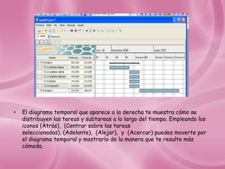 •   El diagrama temporal que aparece a la derecha te muestra cómo se
    distribuyen las tareas y subtareas a lo largo del tiempo. Empleando los
    iconos (Atrás), (Centrar sobre las tareas
    seleccionadas), (Adelante), (Alejar), y (Acercar) puedes moverte por
    el diagrama temporal y mostrarlo de la manera que te resulte más
    cómoda.
 