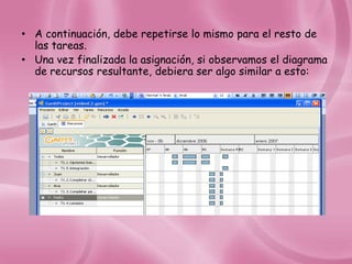 • A continuación, debe repetirse lo mismo para el resto de
  las tareas.
• Una vez finalizada la asignación, si observamos el diagrama
  de recursos resultante, debiera ser algo similar a esto:
 