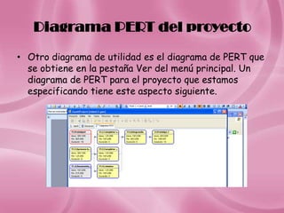 Diagrama PERT del proyecto

• Otro diagrama de utilidad es el diagrama de PERT que
  se obtiene en la pestaña Ver del menú principal. Un
  diagrama de PERT para el proyecto que estamos
  especificando tiene este aspecto siguiente.
 