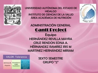 UNIVERSIDAD AUTÓNOMA DEL ESTADO DE
              HIDALGO
  INSTITUTO DE CIENCIAS DE LA SALUD
    ÁREA ACADÉMICA DE NUTRICIÓN

   ADMINISTRACIÓN GENERAL
      Gantt Project
             Equipo
  HERNÁNDEZ REVILLA MAYRA
    CRUZ RENDON EDNA A.
  HÉRNANDEZ RAMIREZ IRIS M
 MARTINEZ HERNÁNDEZ MIRIAM

         SEXTO SEMESTRE
            GRUPO “2”
 