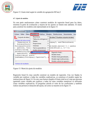 Figura 13: Gasto total según la variable de agrupación HClust.2

6.7. Ajuste de modelos

En esta parte analizaremos cómo construir modelos de regresión lineal para los datos,
mientras la parte de evaluación y mejora de los ajustes se tratará más adelante. El menú
para construir los modelos está representado en la figura 13.

Figura 13: Menú de ajuste de modelos

Regresión lineal Es muy sencillo construir un modelo de regresión. Una vez fijadas la
variable por explicar y todas las variables explicativas, se construye el modelo según las
instrucciones de figura 14. En este caso hemos elegido el Gasto total en el viaje por persona
(gastotal) como variable por explicar y todas las otras variables numéricas se utilizarán
como variables explicativas. El programa calcula el valor de los coeficientes y también
realiza una primera evaluación del ajuste, tal como se muestra en la figura 15.

 