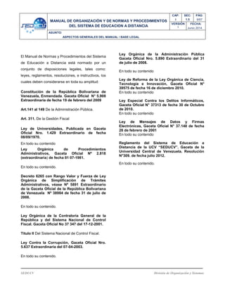 SEDUCV División de Organización y Sistemas
CAPÍTULO II
ESTRUCTURA ORGANIZATIVA DE LA GERENCIA DEL SISTEMA DE
EDUCACIÓN A D...