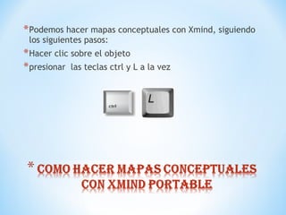 *Podemos hacer mapas conceptuales con Xmind, siguiendo
los siguientes pasos:
*Hacer clic sobre el objeto
*presionar las teclas ctrl y L a la vez
 