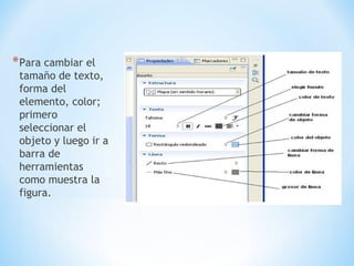 *Para cambiar el
tamaño de texto,
forma del
elemento, color;
primero
seleccionar el
objeto y luego ir a
barra de
herramientas
como muestra la
figura.
 