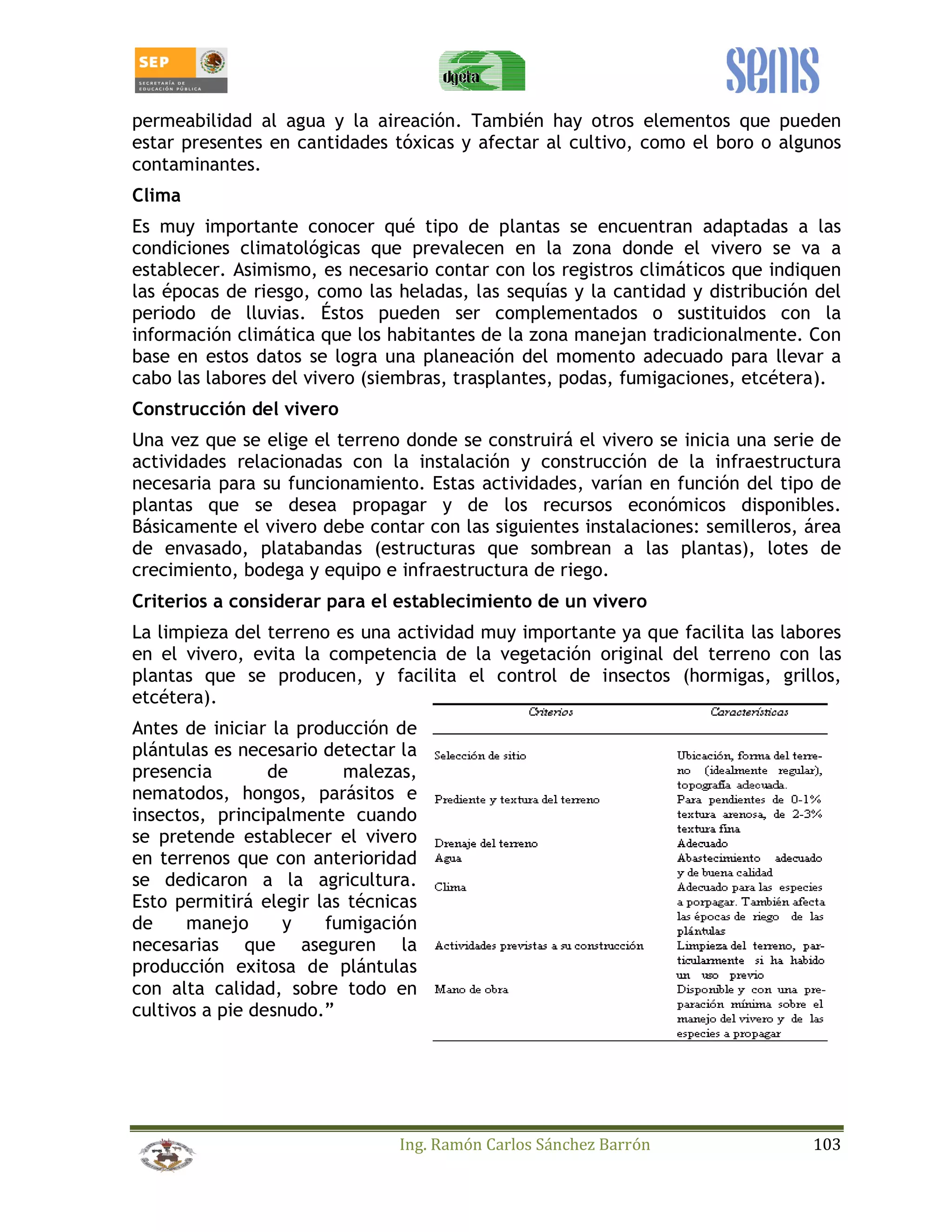 permeabilidad al agua y la aireación. También hay otros elementos que pueden 
estar presentes en cantidades tóxicas y afectar al cultivo, como el boro o algunos 
contaminantes. 
Clima 
Es muy importante conocer qué tipo de plantas se encuentran adaptadas a las 
condiciones climatológicas que prevalecen en la zona donde el vivero se va a 
establecer. Asimismo, es necesario contar con los registros climáticos que indiquen 
las épocas de riesgo, como las heladas, las sequías y la cantidad y distribución del 
periodo de lluvias. Éstos pueden ser complementados o sustituidos con la 
información climática que los habitantes de la zona manejan tradicionalmente. Con 
base en estos datos se logra una planeación del momento adecuado para llevar a 
cabo las labores del vivero (siembras, trasplantes, podas, fumigaciones, etcétera). 
Construcción del vivero 
Una vez que se elige el terreno donde se construirá el vivero se inicia una serie de 
actividades relacionadas con la instalación y construcción de la infraestructura 
necesaria para su funcionamiento. Estas actividades, varían en función del tipo de 
plantas que se desea propagar y de los recursos económicos disponibles. 
Básicamente el vivero debe contar con las siguientes instalaciones: semilleros, área 
de envasado, platabandas (estructuras que sombrean a las plantas), lotes de 
crecimiento, bodega y equipo e infraestructura de riego. 
Criterios a considerar para el establecimiento de un vivero 
La limpieza del terreno es una actividad muy importante ya que facilita las labores 
en el vivero, evita la competencia de la vegetación original del terreno con las 
plantas que se producen, y facilita el control de insectos (hormigas, grillos, 
etcétera). 
Antes de iniciar la producción de 
plántulas es necesario detectar la 
presencia de malezas, 
nematodos, hongos, parásitos e 
insectos, principalmente cuando 
se pretende establecer el vivero 
en terrenos que con anterioridad 
se dedicaron a la agricultura. 
Esto permitirá elegir las técnicas 
de manejo y fumigación 
necesarias que aseguren la 
producción exitosa de plántulas 
con alta calidad, sobre todo en 
cultivos a pie desnudo.” 
Ing. Ramón Carlos Sánchez Barrón 103 
 