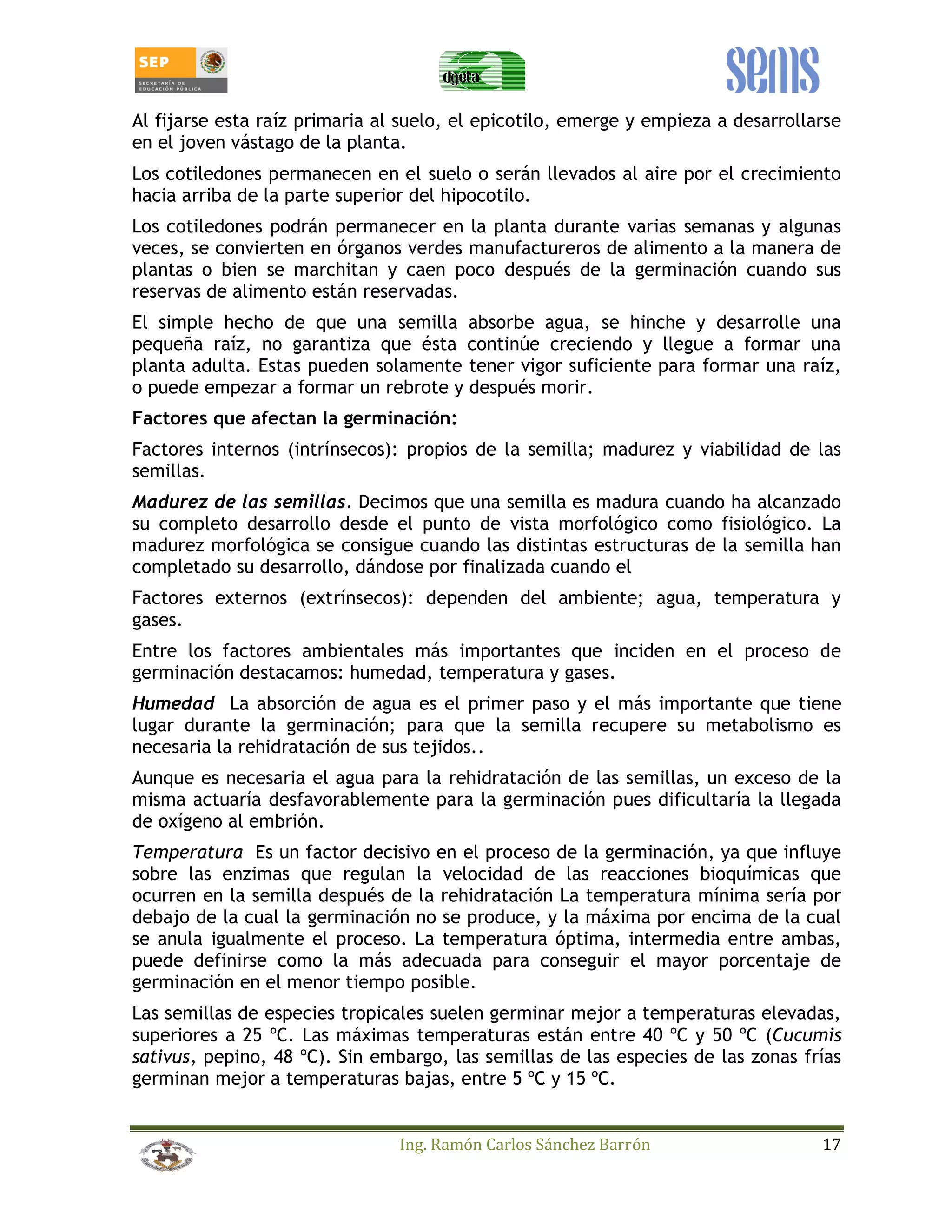 Al fijarse esta raíz primaria al suelo, el epicotilo, emerge y empieza a desarrollarse 
en el joven vástago de la planta. 
Los cotiledones permanecen en el suelo o serán llevados al aire por el crecimiento 
hacia arriba de la parte superior del hipocotilo. 
Los cotiledones podrán permanecer en la planta durante varias semanas y algunas 
veces, se convierten en órganos verdes manufactureros de alimento a la manera de 
plantas o bien se marchitan y caen poco después de la germinación cuando sus 
reservas de alimento están reservadas. 
El simple hecho de que una semilla absorbe agua, se hinche y desarrolle una 
pequeña raíz, no garantiza que ésta continúe creciendo y llegue a formar una 
planta adulta. Estas pueden solamente tener vigor suficiente para formar una raíz, 
o puede empezar a formar un rebrote y después morir. 
Factores que afectan la germinación: 
Factores internos (intrínsecos): propios de la semilla; madurez y viabilidad de las 
semillas. 
Madurez de las semillas. Decimos que una semilla es madura cuando ha alcanzado 
su completo desarrollo desde el punto de vista morfológico como fisiológico. La 
madurez morfológica se consigue cuando las distintas estructuras de la semilla han 
completado su desarrollo, dándose por finalizada cuando el 
Factores externos (extrínsecos): dependen del ambiente; agua, temperatura y 
gases. 
Entre los factores ambientales más importantes que inciden en el proceso de 
germinación destacamos: humedad, temperatura y gases. 
Humedad La absorción de agua es el primer paso y el más importante que tiene 
lugar durante la germinación; para que la semilla recupere su metabolismo es 
necesaria la rehidratación de sus tejidos.. 
Aunque es necesaria el agua para la rehidratación de las semillas, un exceso de la 
misma actuaría desfavorablemente para la germinación pues dificultaría la llegada 
de oxígeno al embrión. 
Temperatura Es un factor decisivo en el proceso de la germinación, ya que influye 
sobre las enzimas que regulan la velocidad de las reacciones bioquímicas que 
ocurren en la semilla después de la rehidratación La temperatura mínima sería por 
debajo de la cual la germinación no se produce, y la máxima por encima de la cual 
se anula igualmente el proceso. La temperatura óptima, intermedia entre ambas, 
puede definirse como la más adecuada para conseguir el mayor porcentaje de 
germinación en el menor tiempo posible. 
Las semillas de especies tropicales suelen germinar mejor a temperaturas elevadas, 
superiores a 25 ºC. Las máximas temperaturas están entre 40 ºC y 50 ºC (Cucumis 
sativus, pepino, 48 ºC). Sin embargo, las semillas de las especies de las zonas frías 
germinan mejor a temperaturas bajas, entre 5 ºC y 15 ºC. 
Ing. Ramón Carlos Sánchez Barrón 17 
 