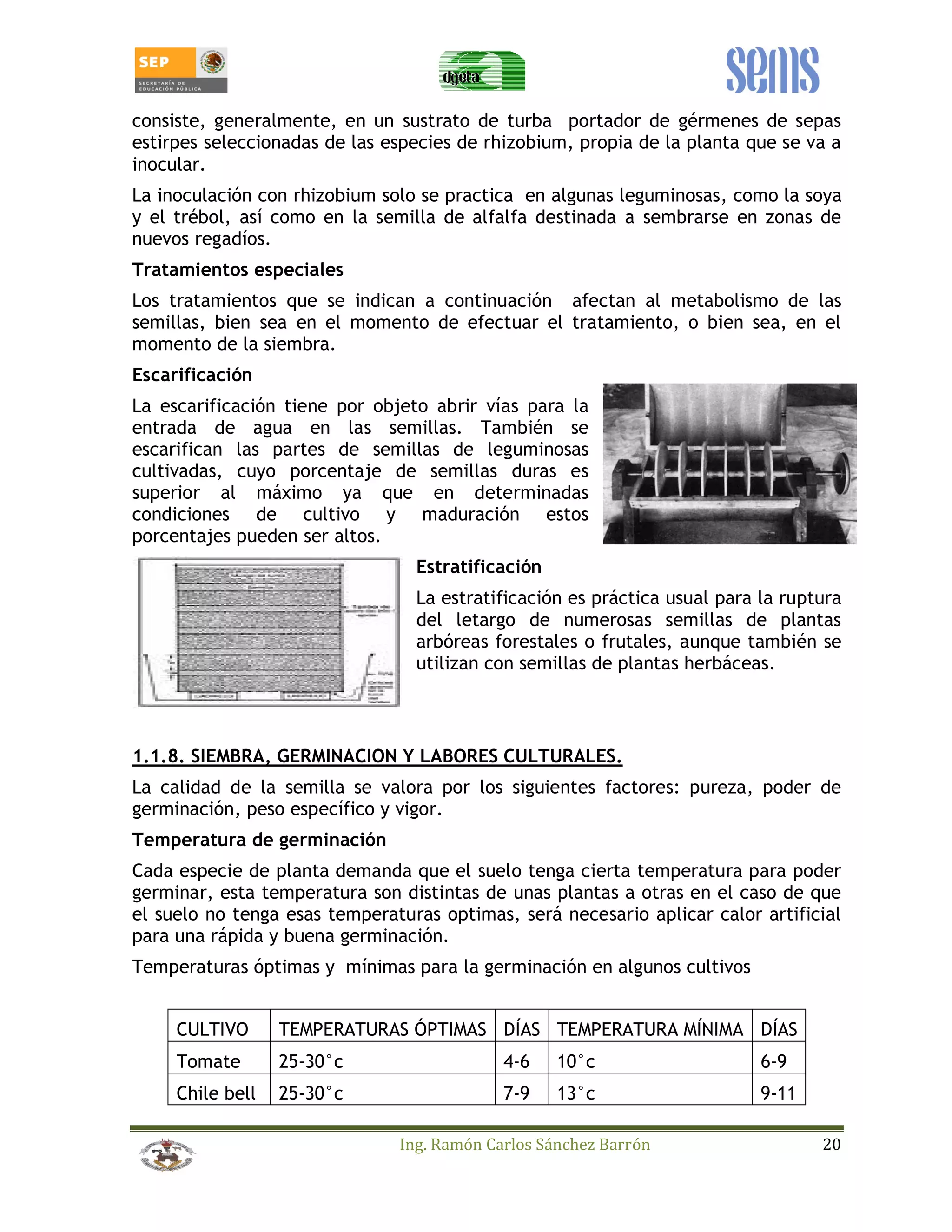 consiste, generalmente, en un sustrato de turba portador de gérmenes de sepas 
estirpes seleccionadas de las especies de rhizobium, propia de la planta que se va a 
inocular. 
La inoculación con rhizobium solo se practica en algunas leguminosas, como la soya 
y el trébol, así como en la semilla de alfalfa destinada a sembrarse en zonas de 
nuevos regadíos. 
Tratamientos especiales 
Los tratamientos que se indican a continuación afectan al metabolismo de las 
semillas, bien sea en el momento de efectuar el tratamiento, o bien sea, en el 
momento de la siembra. 
Escarificación 
La escarificación tiene por objeto abrir vías para la 
entrada de agua en las semillas. También se 
escarifican las partes de semillas de leguminosas 
cultivadas, cuyo porcentaje de semillas duras es 
superior al máximo ya que en determinadas 
condiciones de cultivo y maduración estos 
porcentajes pueden ser altos. 
Estratificación 
La estratificación es práctica usual para la ruptura 
del letargo de numerosas semillas de plantas 
arbóreas forestales o frutales, aunque también se 
utilizan con semillas de plantas herbáceas. 
1.1.8. SIEMBRA, GERMINACION Y LABORES CULTURALES. 
La calidad de la semilla se valora por los siguientes factores: pureza, poder de 
germinación, peso específico y vigor. 
Temperatura de germinación 
Cada especie de planta demanda que el suelo tenga cierta temperatura para poder 
germinar, esta temperatura son distintas de unas plantas a otras en el caso de que 
el suelo no tenga esas temperaturas optimas, será necesario aplicar calor artificial 
para una rápida y buena germinación. 
Temperaturas óptimas y mínimas para la germinación en algunos cultivos 
CULTIVO TEMPERATURAS ÓPTIMAS DÍAS TEMPERATURA MÍNIMA DÍAS 
Tomate 25-30°c 4-6 10°c 6-9 
Chile bell 25-30°c 7-9 13°c 9-11 
Ing. Ramón Carlos Sánchez Barrón 20 
 