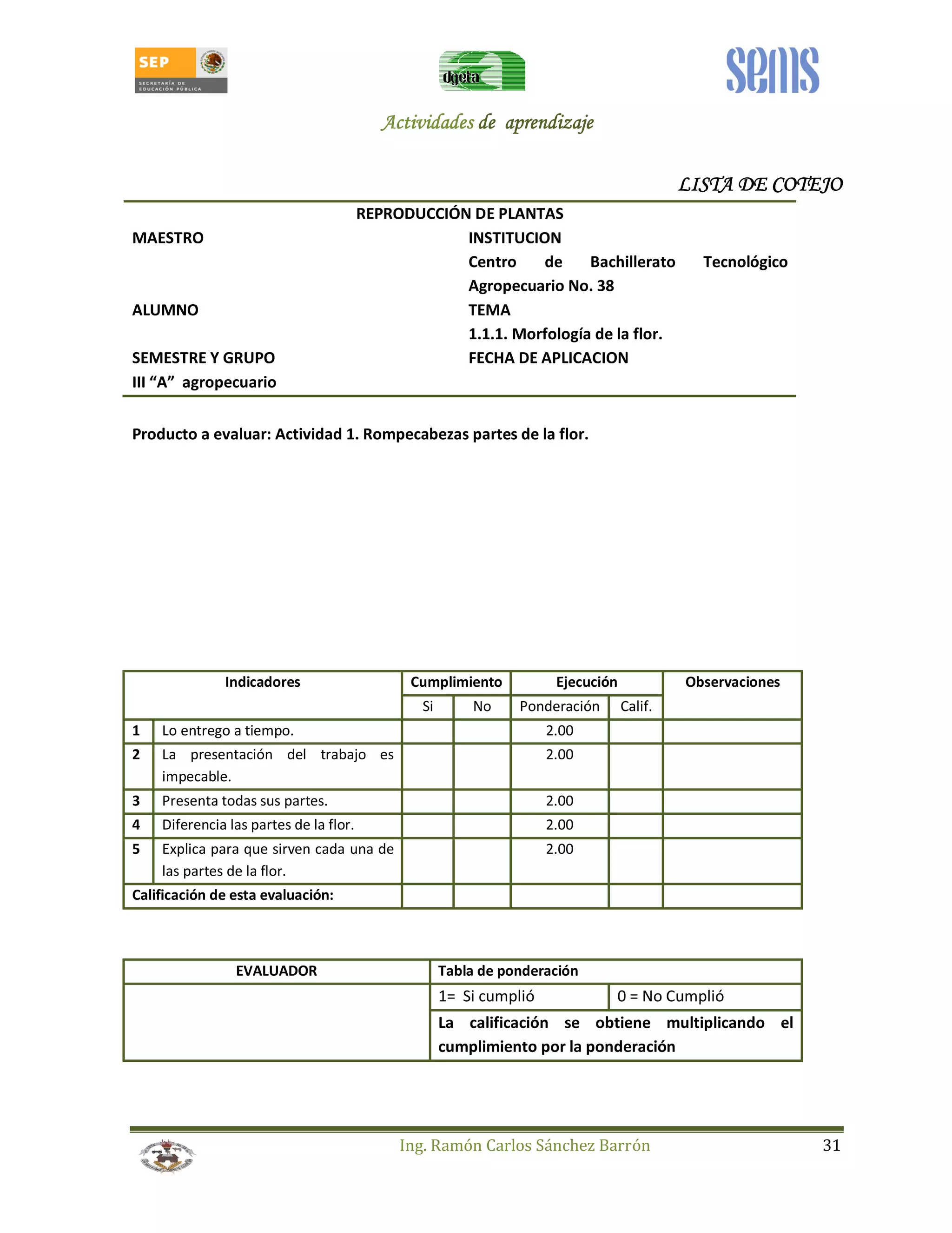 AAAAccccttttiiiivvvviiiiddddaaaaddddeeeessss ddddeeee aaaapppprrrreeeennnnddddiiiizzzzaaaajjjjeeee 
LLLLIIIISSSSTTTTAAAA DDDDEEEE CCCCOOOOTTTTEEEEJJJJOOOO 
REPRODUCCIÓN DE PLANTAS 
MAESTRO INSTITUCION 
Centro de Bachillerato Tecnológico 
Agropecuario No. 38 
ALUMNO TEMA 
1.1.1. Morfología de la flor. 
SEMESTRE Y GRUPO FECHA DE APLICACION 
III “A” agropecuario 
Producto a evaluar: Actividad 1. Rompecabezas partes de la flor. 
Indicadores Cumplimiento Ejecución Observaciones 
Si No Ponderación Calif. 
1 Lo entrego a tiempo. 2.00 
2 La presentación del trabajo es 
Ing. Ramón Carlos Sánchez Barrón 31 
impecable. 
2.00 
3 Presenta todas sus partes. 2.00 
4 Diferencia las partes de la flor. 2.00 
5 Explica para que sirven cada una de 
las partes de la flor. 
2.00 
Calificación de esta evaluación: 
EVALUADOR Tabla de ponderación 
1= Si cumplió 0 = No Cumplió 
La calificación se obtiene multiplicando el 
cumplimiento por la ponderación 
 