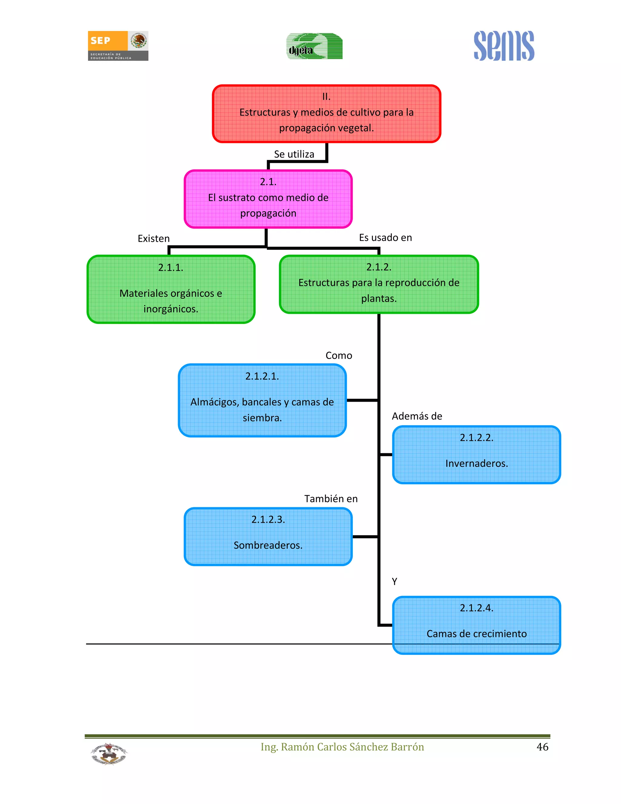 II. 
Estructuras y medios de cultivo para la 
propagación vegetal. 
2.1. 
El sustrato como medio de 
propagación 
Ing. Ramón Carlos Sánchez Barrón 46 
2.1.1. 
Materiales orgánicos e 
inorgánicos. 
2.1.2. 
Estructuras para la reproducción de 
plantas. 
2.1.2.1. 
Almácigos, bancales y camas de 
siembra. 
2.1.2.2. 
Invernaderos. 
2.1.2.3. 
Sombreaderos. 
2.1.2.4. 
Camas de crecimiento 
Se utiliza 
Existen Es usado en 
Como 
También en 
Además de 
Y 
 