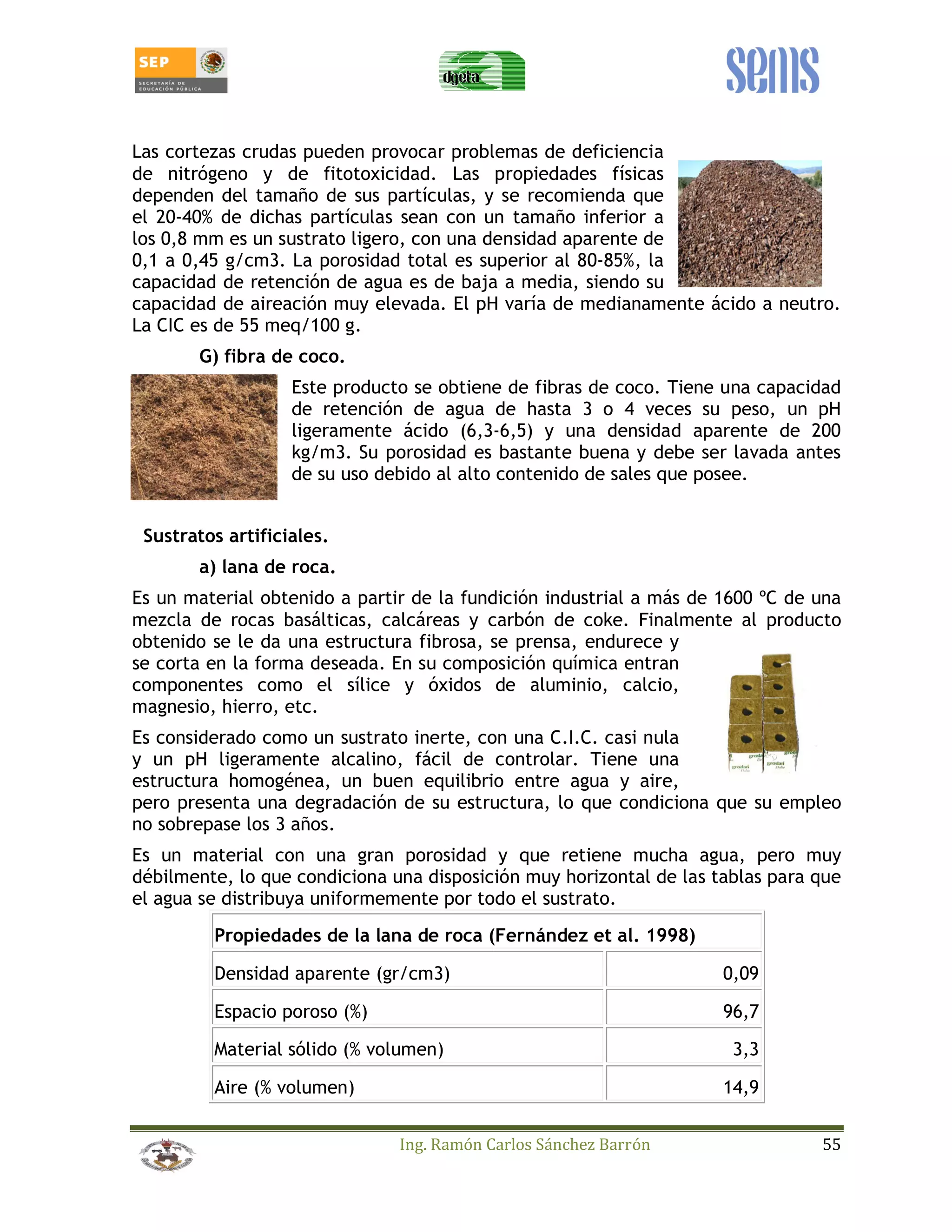 Las cortezas crudas pueden provocar problemas de deficiencia 
de nitrógeno y de fitotoxicidad. Las propiedades físicas 
dependen del tamaño de sus partículas, y se recomienda que 
el 20-40% de dichas partículas sean con un tamaño inferior a 
los 0,8 mm es un sustrato ligero, con una densidad aparente de 
0,1 a 0,45 g/cm3. La porosidad total es superior al 80-85%, la 
capacidad de retención de agua es de baja a media, siendo su 
capacidad de aireación muy elevada. El pH varía de medianamente ácido a neutro. 
La CIC es de 55 meq/100 g. 
Ing. Ramón Carlos Sánchez Barrón 55 
G) fibra de coco. 
Este producto se obtiene de fibras de coco. Tiene una capacidad 
de retención de agua de hasta 3 o 4 veces su peso, un pH 
ligeramente ácido (6,3-6,5) y una densidad aparente de 200 
kg/m3. Su porosidad es bastante buena y debe ser lavada antes 
de su uso debido al alto contenido de sales que posee. 
Sustratos artificiales. 
a) lana de roca. 
Es un material obtenido a partir de la fundición industrial a más de 1600 ºC de una 
mezcla de rocas basálticas, calcáreas y carbón de coke. Finalmente al producto 
obtenido se le da una estructura fibrosa, se prensa, endurece y 
se corta en la forma deseada. En su composición química entran 
componentes como el sílice y óxidos de aluminio, calcio, 
magnesio, hierro, etc. 
Es considerado como un sustrato inerte, con una C.I.C. casi nula 
y un pH ligeramente alcalino, fácil de controlar. Tiene una 
estructura homogénea, un buen equilibrio entre agua y aire, 
pero presenta una degradación de su estructura, lo que condiciona que su empleo 
no sobrepase los 3 años. 
Es un material con una gran porosidad y que retiene mucha agua, pero muy 
débilmente, lo que condiciona una disposición muy horizontal de las tablas para que 
el agua se distribuya uniformemente por todo el sustrato. 
Propiedades de la lana de roca (Fernández et al. 1998) 
Densidad aparente (gr/cm3) 0,09 
Espacio poroso (%) 96,7 
Material sólido (% volumen) 3,3 
Aire (% volumen) 14,9 
 