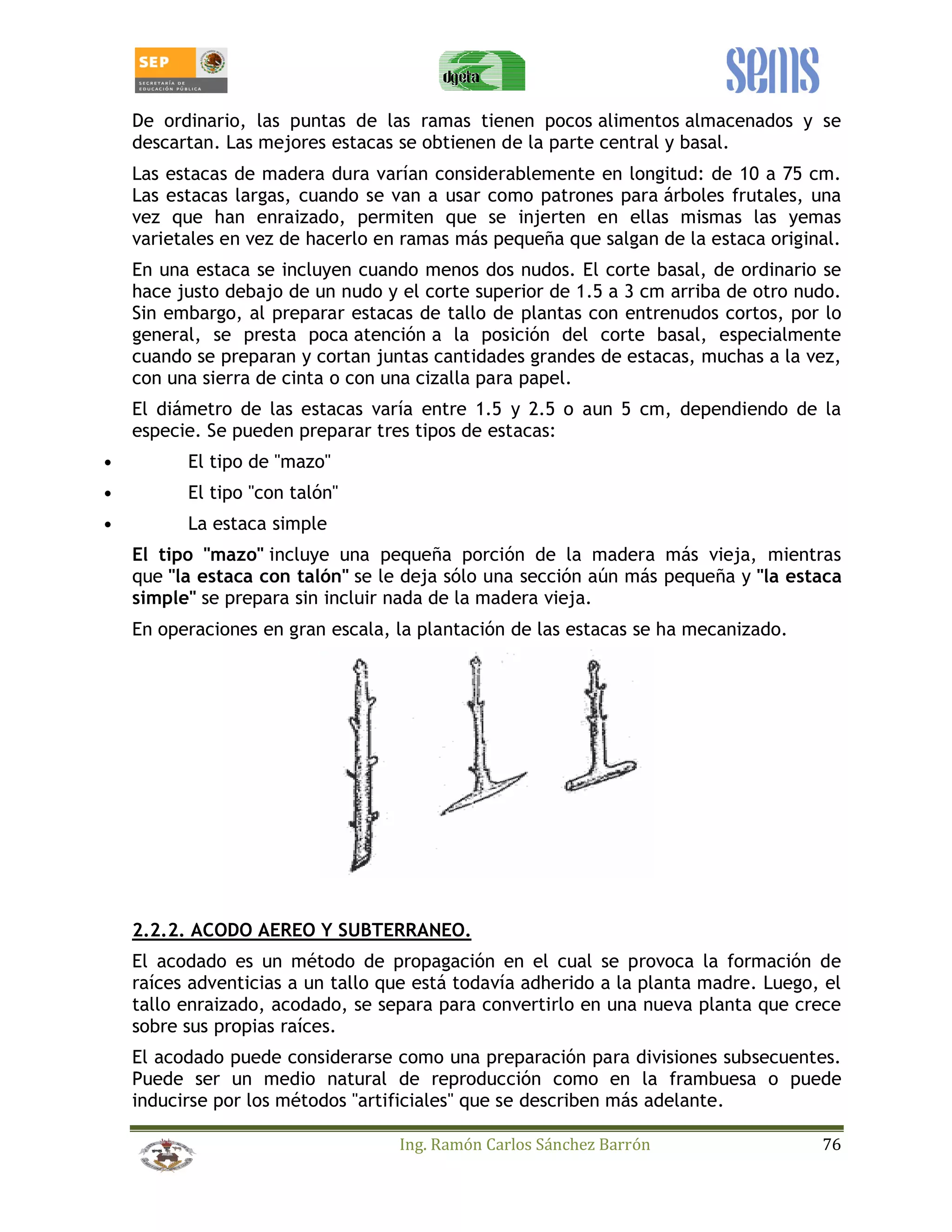 De ordinario, las puntas de las ramas tienen pocos alimentos almacenados y se 
descartan. Las mejores estacas se obtienen de la parte central y basal. 
Las estacas de madera dura varían considerablemente en longitud: de 10 a 75 cm. 
Las estacas largas, cuando se van a usar como patrones para árboles frutales, una 
vez que han enraizado, permiten que se injerten en ellas mismas las yemas 
varietales en vez de hacerlo en ramas más pequeña que salgan de la estaca original. 
En una estaca se incluyen cuando menos dos nudos. El corte basal, de ordinario se 
hace justo debajo de un nudo y el corte superior de 1.5 a 3 cm arriba de otro nudo. 
Sin embargo, al preparar estacas de tallo de plantas con entrenudos cortos, por lo 
general, se presta poca atención a la posición del corte basal, especialmente 
cuando se preparan y cortan juntas cantidades grandes de estacas, muchas a la vez, 
con una sierra de cinta o con una cizalla para papel. 
El diámetro de las estacas varía entre 1.5 y 2.5 o aun 5 cm, dependiendo de la 
especie. Se pueden preparar tres tipos de estacas: 
Ing. Ramón Carlos Sánchez Barrón 76 
• El tipo de mazo 
• El tipo con talón 
• La estaca simple 
El tipo mazo incluye una pequeña porción de la madera más vieja, mientras 
que la estaca con talón se le deja sólo una sección aún más pequeña y la estaca 
simple se prepara sin incluir nada de la madera vieja. 
En operaciones en gran escala, la plantación de las estacas se ha mecanizado. 
2.2.2. ACODO AEREO Y SUBTERRANEO. 
El acodado es un método de propagación en el cual se provoca la formación de 
raíces adventicias a un tallo que está todavía adherido a la planta madre. Luego, el 
tallo enraizado, acodado, se separa para convertirlo en una nueva planta que crece 
sobre sus propias raíces. 
El acodado puede considerarse como una preparación para divisiones subsecuentes. 
Puede ser un medio natural de reproducción como en la frambuesa o puede 
inducirse por los métodos artificiales que se describen más adelante. 
 