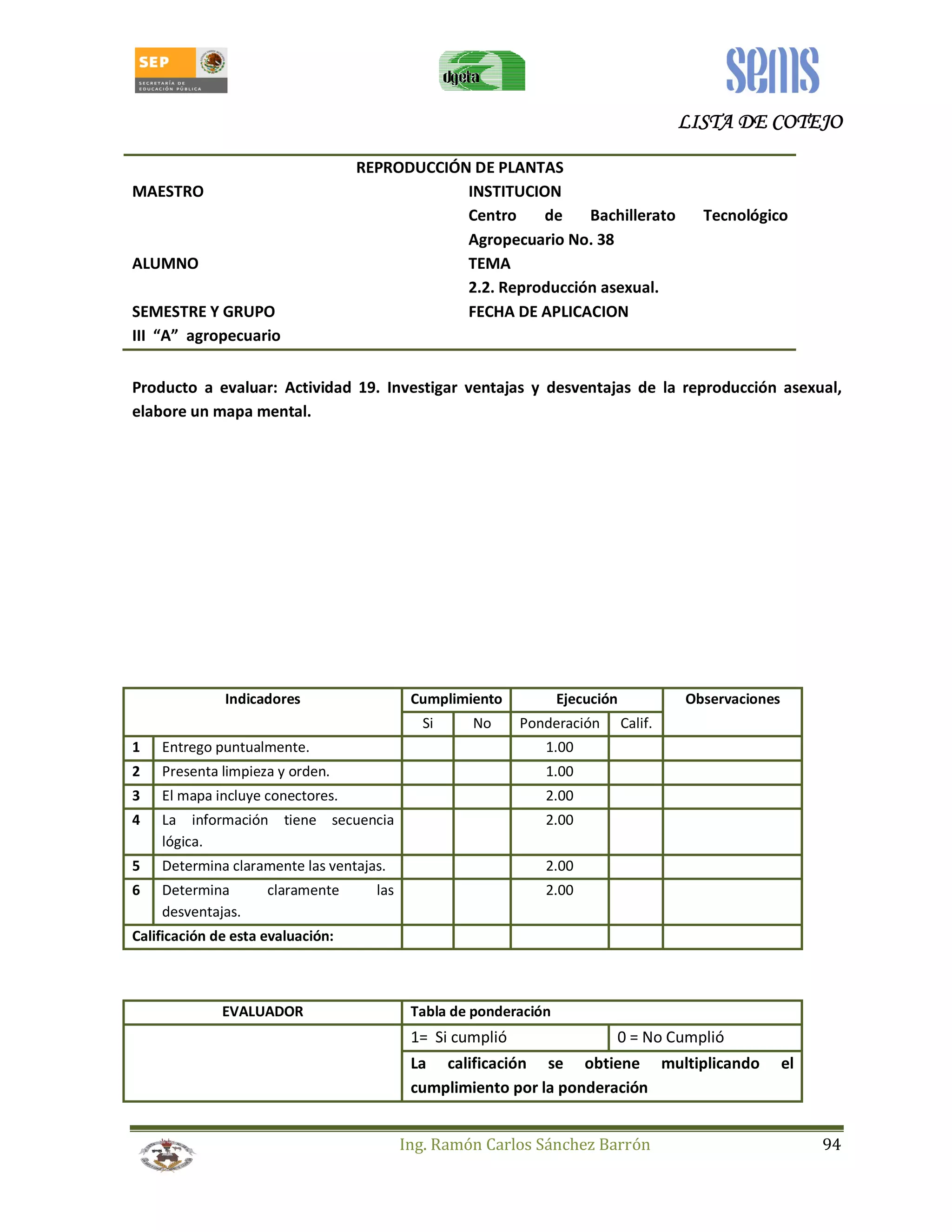 LLLLIIIISSSSTTTTAAAA DDDDEEEE CCCCOOOOTTTTEEEEJJJJOOOO 
REPRODUCCIÓN DE PLANTAS 
MAESTRO INSTITUCION 
Centro de Bachillerato Tecnológico 
Agropecuario No. 38 
ALUMNO TEMA 
2.2. Reproducción asexual. 
SEMESTRE Y GRUPO FECHA DE APLICACION 
III “A” agropecuario 
Producto a evaluar: Actividad 19. Investigar ventajas y desventajas de la reproducción asexual, 
elabore un mapa mental. 
Indicadores Cumplimiento Ejecución Observaciones 
Si No Ponderación Calif. 
1 Entrego puntualmente. 1.00 
2 Presenta limpieza y orden. 1.00 
3 El mapa incluye conectores. 2.00 
4 La información tiene secuencia 
Ing. Ramón Carlos Sánchez Barrón 94 
lógica. 
2.00 
5 Determina claramente las ventajas. 2.00 
6 Determina claramente las 
desventajas. 
2.00 
Calificación de esta evaluación: 
EVALUADOR Tabla de ponderación 
1= Si cumplió 0 = No Cumplió 
La calificación se obtiene multiplicando el 
cumplimiento por la ponderación 
 