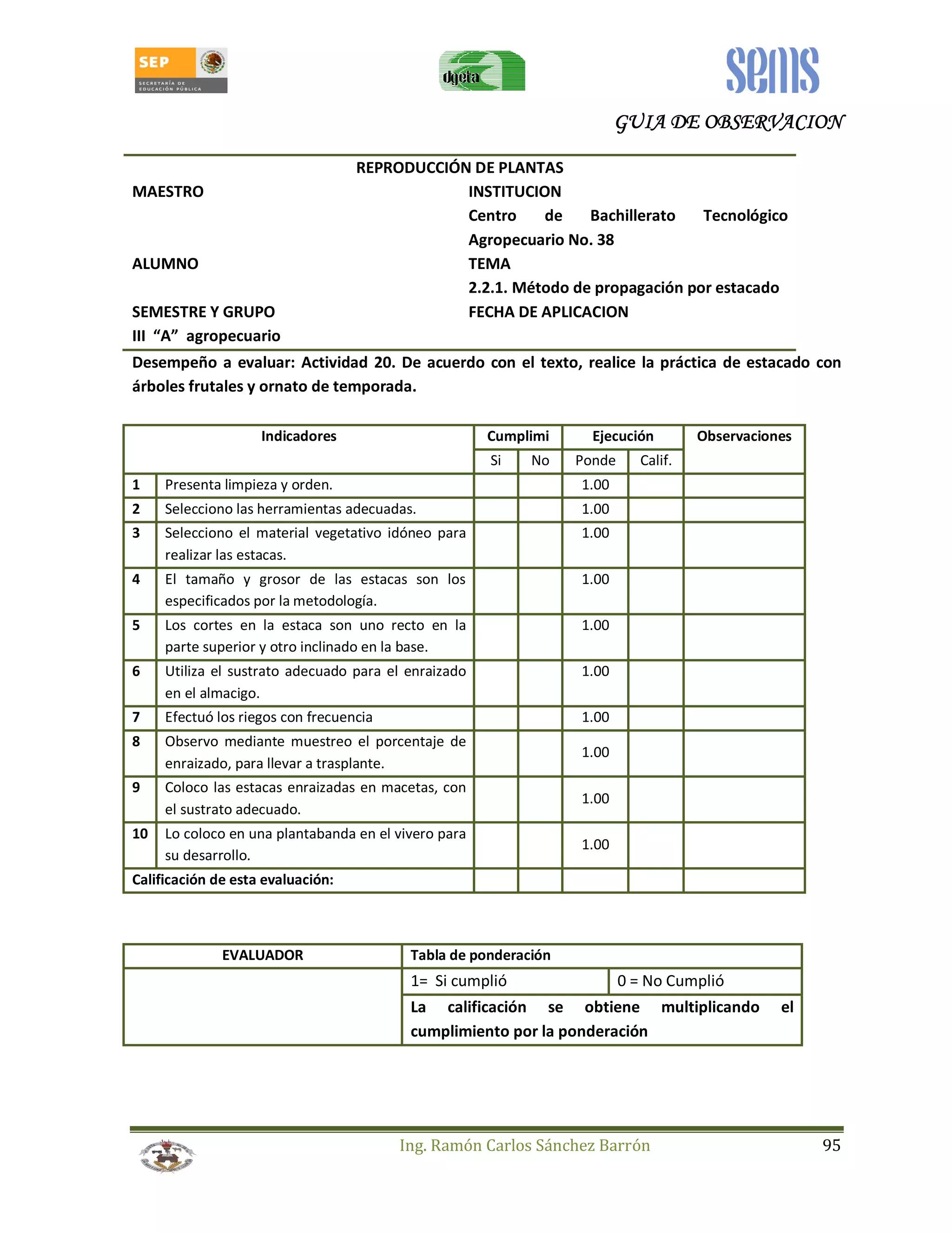 GUIA GGGUUUIIIAAA DDDDEEEE OOOOBBBBSSSSEEEERRRRVVVVAAAACCCCIIIIOOOONNNN 
REPRODUCCIÓN DE PLANTAS 
MAESTRO INSTITUCION 
Centro de Bachillerato Tecnológico 
Agropecuario No. 38 
ALUMNO TEMA 
2.2.1. Método de propagación por estacado 
SEMESTRE Y GRUPO FECHA DE APLICACION 
III “A” agropecuario 
Desempeño a evaluar: Actividad 20. De acuerdo con el texto, realice la práctica de estacado con 
árboles frutales y ornato de temporada. 
Indicadores Cumplimi Ejecución Observaciones 
Si No Ponde Calif. 
1 Presenta limpieza y orden. 1.00 
2 Selecciono las herramientas adecuadas. 1.00 
3 Selecciono el material vegetativo idóneo para 
Ing. Ramón Carlos Sánchez Barrón 95 
realizar las estacas. 
1.00 
4 El tamaño y grosor de las estacas son los 
especificados por la metodología. 
1.00 
5 Los cortes en la estaca son uno recto en la 
parte superior y otro inclinado en la base. 
1.00 
6 Utiliza el sustrato adecuado para el enraizado 
en el almacigo. 
1.00 
7 Efectuó los riegos con frecuencia 1.00 
8 Observo mediante muestreo el porcentaje de 
enraizado, para llevar a trasplante. 
1.00 
9 Coloco las estacas enraizadas en macetas, con 
el sustrato adecuado. 
1.00 
10 Lo coloco en una plantabanda en el vivero para 
su desarrollo. 
1.00 
Calificación de esta evaluación: 
EVALUADOR Tabla de ponderación 
1= Si cumplió 0 = No Cumplió 
La calificación se obtiene multiplicando el 
cumplimiento por la ponderación 
 