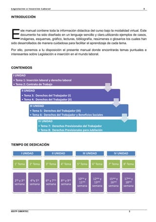 Legisla ción e In se rc ión L abora l 3
IESTP CIBERTEC 3
INTRODUCCIÓN
ste manual contiene toda la información didactica del curso bajo la modalidad virtual. Este
documento ha sido diseñado en un lenguaje sencillo y claro,utilizando ejemplos de casos,
imágenes, esquemas, gráfico, lecturas, bibliografía, resúmenes o glosarios los cuales han
sido desarrollados de manera cuidadosa para facilitar el aprendizaje de cada tema.
Por ello, ponemos a tu disposición el presente manual donde encontrarás temas puntuales e
interesantes sobre Legislación e inserción en el mundo laboral.
CONTENIDOS
TIEMPO DE DEDICACIÓN
I UNIDAD
• Tema 1: Inserción laboral y derecho laboral
• Tema 2: Contrato de Trabajo
II UNIDAD
• Tema 3: Derechos del Trabajador (I)
• Tema 4: Derechos del Trabajador (II)
III UNIDAD
• Tema 5: Derechos del Trabajador (III)
• Tema 6: Derechos del Trabajador y Beneficios Sociales
IV UNIDAD
• Tema 7: Derechos Previsionales del Trabajador
• Tema 8: Derechos Previsionales para Jubilación
I UNIDAD
1° Tema
2da y 3ra
semana
2° Tema
4tay 5ta
semana
II UNIDAD
3° Tema
6ta y 7ma
semana
4° Tema
8va y 9na
semana
III UNIDAD
5° Tema
10ma y
11ava
semana
6° Tema
12ava y
13ava
semana
IV UNIDAD
7° Tema
15ava y
16ava
semana
8° Tema
17ava y
18ava
semana
E
 