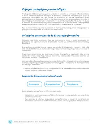 12 Módulo: “Didáctica de la Enseñanza Media Técnico Profesional”
A lo largo del Módulo en general, y de las unidades en particular, se privilegia la reflexión en torno
al marco referencial (didáctica, estrategias de enseñanza y diseño de actividades) y las prácticas
pedagógicas desarrolladas por cada uno de los participantes a través de metodologías activo-
participativas, poniendo especial énfasis en el análisis reflexivo – crítico, la capacidad de argumentar, el
desarrollo del pensamiento creativo para la resolución de actividades y desafíos individuales y en grupo,
el desarrollo de las ideas esenciales y conclusiones respecto de los temas tratados. Forman parte de
esta estrategia de aprendizaje, los procesos de evaluación y autoevaluación de lo realizado.
Para lo anteriormente expuesto, se proponen de manera general las siguientes estrategias para la
participación de los docentes técnicos en la Plataforma Virtual.
Motivación inicial de los participantes: Para que el conocimiento ocurra es básico la motivación del
participante, ello supone un conjunto de actividades iniciales que permitan nivelar conocimientos y
expectativas.
Orientación constructivista: Como se trata de una actividad dirigida a adultos insertos en el día a día
en la actividad del Servicio, el diseño debe recoger la experiencia de los participantes, para co-crear el
conocimiento.
Proporcionar conocimientos que contribuyan al mejor desempeño: La capacitación debe ser una
oportunidad para que los participantes auto-observen sus prácticas laborales y puedan potencias sus
capacidades, fortalezas y competencias.
Visión estratégica: Capacidad para detectar y comprender las señales sociales, económicas, tecnológicas,
culturales, de política pública y políticas del entorno local y global e incorporarlas de manera coherente
a la estrategia institucional.
•	 Gestión de redes de colaboración: El programa busca de manera explícita que los participantes
cultiven relaciones colaborativas futuras.
La estructura del Acompañamiento al Docente participante:
•	 Cada docente participante es acompañado en forma virtual en todas las dudas que surjan de los
contenidos, actividades
•	 Para optimizar la cobertura propuesta de acompañamientos se requiere la coordinación de
horarios con la dirección del establecimiento educacional, con el apoyo explícito del equipo técnico.
Enfoque pedagógico y metodológico
Principios generales de la Estrategia formativa
Seguimiento, Acompañamiento y Transferencia
Seguimiento TransferenciaAcompañamiento
 