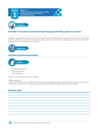 30 Módulo: “Didáctica de la Enseñanza Media Técnico Profesional”
UNIDAD
1
Analiza la teoría del c onocimiento y el diseño
curricular (de las c osas concretas al
conocimiento teórico)
Tema 1.3
A través de las preguntas iniciales del Foro en la Plataforma Virtual reflexione sobre alguna de las Teorías del aprendizaje
identifica y aplica en sus procesos de enseñanza, luego comparta sus experiencias y aprendizajes previos relacionados con
las temáticas que se desarrollarán en la unidad.
•	 Teorías del aprendizaje
•	 Teorías conductista
•	 Teoría Cognitivas
Página 51 a la 58 de la Unidad de Aprendizaje
Realizada la lectura:
Busque información en internet sobre las diferentes teorías presentadas, realice una presentación en power point a manera
de resumen e identifique en su Módulo la aplicación de estas teorías en el desarrollo de este. Ejemplifique
Actividad 1: Foro Inicial “Las teorías del aprendizaje que identifica y aplica en sus clases”
Actividad 2: Teorías del aprendizaje
Hagámoslo
Reflexiona
y Comparte
Leamos
Tomemos nota:
 
