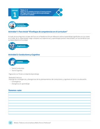 32 Módulo: “Didáctica de la Enseñanza Media Técnico Profesional”
UNIDAD
1
Aplica en sus diseños de Aula el Constructivismo
de Piaget sobre el desarrollo de aprendizajes
a partir de la realidad.
Tema 1.5
A través de las preguntas iniciales del Foro en la Plataforma Virtual reflexione sobre el aprendizaje significativo en sus clases
en el taller de su especialidad, luego comparta sus experiencias y aprendizajes previos relacionados con las temáticas que
se desarrollarán en la unidad.
•	 Teoría Conductista
•	 Teoría Cognitiva
Página 64 a la 70 de la Unidad de Aprendizaje
Realizada la lectura:
Exponga las convergencias y divergencias de los planteamientos del conductismo y cognitivos en torno a la educación.
•	 Convergencia
•	 Divergencia en aprendizaje
Actividad 1: Foro Inicial “El enfoque de competencias en el currículum”
Actividad 2: Conductismo y Cognitivo
Hagámoslo
Reflexiona
y Comparte
Leamos
Tomemos nota:
 