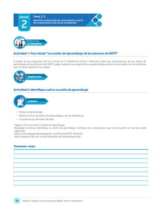 36 Módulo: “Didáctica de la Enseñanza Media Técnico Profesional”
A través de las preguntas del Foro Inicial en la Plataforma Virtual, reflexione sobre las características de los estilos de
aprendizaje de sus alumnos de EMTP, luego comparta sus experiencias y aprendizajes previos relacionados con las temáticas
que se desarrollarán en la unidad.
•	 Estilos de Aprendizaje
•	 Relación entre los estilos de aprendizaje y los de enseñanza
•	 Características del estilo de Kolb
Páginas 25 a la 32 de la Unidad de Aprendizaje.
Realizada la lectura, identifique su estilo de aprendizaje. Conteste los cuestionarios que los encuentra en los sitios web
siguientes:
https://comoseaprende.wikispaces.com/file/view/TEST+Kolb.pdf
https://www.pnliafi.com.ar/test-de-estilos-de-aprendizaje-test/
Actividad 1: Foro Inicial ”Los estilos de Aprendizaje de los alumnos de EMTP”
Actividad 2: Identifique cuál es su estilo de aprendizaje
Hagámoslo
Reflexiona
y Comparte
Leamos
UNIDAD
2
Tema 2.2
Tomemos nota:
 