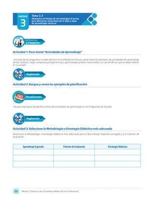 50 Módulo: “Didáctica de la Enseñanza Media Técnico Profesional”
UNIDAD
3
Demuestra el Manejo de metodologías diversas
para diferentes situaciones de la clase y tipos
de aprendizajes técnicos.
Tema 3.3
- A través de las preguntas iniciales del Foro en la Plataforma Virtual, opine sobre los ejemplos de actividades de aprendizaje
de los módulos, luego comparta sus experiencias y aprendizajes previos relacionados con las temáticas que se desarrollarán
en la unidad.
Seleccione la Metodología o Estrategia Didáctica más adecuada para el Aprendizaje Esperado escogido y sus Criterios de
Evaluación
Visualice ejemplos de planificaciones de actividades de aprendizaje en los Programas de Estudio
Actividad 1: Foro Inicial “Actividades de Aprendizaje”
Actividad 2: Busque y revise los ejemplos de planificación
Actividad 3: Seleccione la Metodología o Estrategia Didáctica más adecuada
Hagámoslo
Hagámoslo
Reflexiona
y Comparte
Visualicemos
Aprendizaje Esperado Criterios de Evaluación Estrategia Didáctica
 