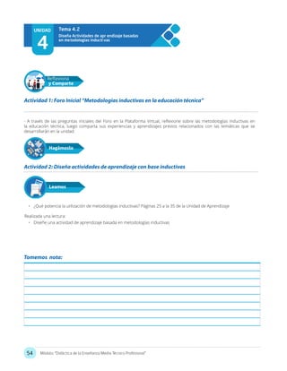 54 Módulo: “Didáctica de la Enseñanza Media Técnico Profesional”
- A través de las preguntas iniciales del Foro en la Plataforma Virtual, reflexione sobre las metodologías inductivas en
la educación técnica, luego comparta sus experiencias y aprendizajes previos relacionados con las temáticas que se
desarrollarán en la unidad.
•	 ¿Qué potencia la utilización de metodologías inductivas? Páginas 25 a la 35 de la Unidad de Aprendizaje
Realizada una lectura:
•	 Diseñe una actividad de aprendizaje basada en metodologías inductivas
Actividad 1: Foro Inicial “Metodologías inductivas en la educación técnica”
Actividad 2: Diseña actividades de aprendizaje con base inductivas
Hagámoslo
Reflexiona
y Comparte
Leamos
UNIDAD
4
Diseña Actividades de apr endizaje basadas
en metodologías inducti vas
Tema 4.2
Tomemos nota:
 