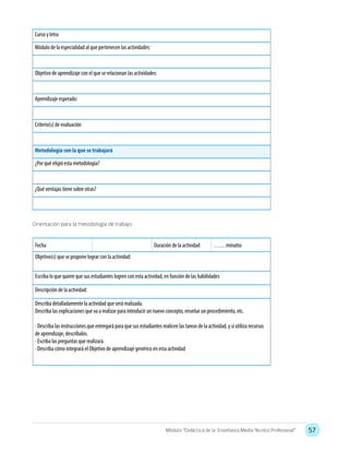 57Módulo: “Didáctica de la Enseñanza Media Técnico Profesional”
Curso y letra
Módulo de la especialidad al que pertenecen las actividades:
Objetivo de aprendizaje con el que se relacionan las actividades:
Aprendizaje esperado:
Criterio(s) de evaluación
Metodología con la que se trabajará
¿Por qué eligió esta metodología?
¿Qué ventajas tiene sobre otras?
Orientación para la metodología de trabajo
Fecha Duración de la actividad ……minutos
Objetivo(s) que se propone lograr con la actividad:
Escriba lo que quiere que sus estudiantes logren con esta actividad, en función de las habilidades
Descripción de la actividad:
Describa detalladamente la actividad que será realizada.
Describa las explicaciones que va a realizar para introducir un nuevo concepto, enseñar un procedimiento, etc.
· Describa las instrucciones que entregará para que sus estudiantes realicen las tareas de la actividad, y si utiliza recursos
de aprendizaje, descríbalos.
· Escriba las preguntas que realizará.
· Describa cómo integrará el Objetivo de aprendizaje genérico en esta actividad
 