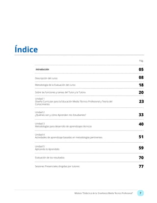 7Módulo: “Didáctica de la Enseñanza Media Técnico Profesional”
05
Pág.
23
33
40
51
59
77
70
20
18
08
Introducción
Unidad 1
Diseño Curricular para la Educación Media Técnico Profesional y Teoría del
Conocimiento
Unidad 2
¿Quiénes son y cómo Aprenden mis Estudiantes?
Unidad 3
Metodologías para desarrollo de aprendizajes técnicos
Unidad 4
Actividades de aprendizaje basadas en metodologías pertinentes
Unidad 5
Aplicando lo Aprendido
Sesiones Presenciales dirigidas por tutores
Evaluación de los resultados
Sobre las funciones y tareas del Tutor y la Tutora
Metodología de la Evaluación del curso
Descripción del curso
Índice
 