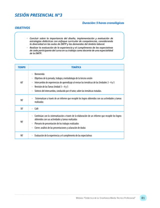 81Módulo: “Didáctica de la Enseñanza Media Técnico Profesional”
Duración: 5 horas cronológicas
SESIÓN PRESENCIAL N°3
OBJETIVOS
•	 Concluir sobre la importancia del diseño, implementación y evaluación de
estrategias didácticas con enfoque curricular de competencias, considerando
la diversidad en las aulas de EMTP y las demandas del ámbito laboral.
•	 Realizar la evaluación de la experiencia y el cumplimento de las expectativas
de cada participante del curso en su trabajo como docente de una especialidad
de la EMTP.
TIEMPO TEMÁTICA
60’
•	 Bienvenida
•	 Objetivos de la jornada, trabajo y metodología de la tercera sesión
•	 Intercambio de experiencias de aprendizaje al revisar las temáticas de las Unidades 3 - 4 y 5
•	 Revisión de lasTareas Unidad 3 – 4 y 5
•	 Síntesis del intercambio, conducido por el tutor, sobre las temáticas tratadas.
90’
•	 Sistematizan a través de un informe que recopile los logros obtenidos con sus actividades y tareas
realizadas
30’ •	 Café
90’
•	 Continúan con la sistematización a través de la elaboración de un informe que recopile los logros
obtenidos con sus actividades y tareas realizadas
•	 Plenario de presentación de los trabajos realizados
•	 Cierre: análisis de las presentaciones y aclaración de dudas
90’ •	 Evaluación de la experiencia y el cumplimento de las expectativas
 