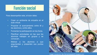 Función social
Para desempeñar esta, el tutor debe:
• Crear un ambiente de empatía en el
aula virtual.
• Propiciar el acercamiento entre él y
los alumnos y entre ellos.
• Fomentar la participación en los foros.
• Planificar actividades en las que los
alumnos trabajen en grupos y se
conozcan.
• Motivar a los alumnos a que
argumenten y presenten sus puntos
de vista.
Imagen tomada de: http://fernandoespejo34.blogspot.com/
 