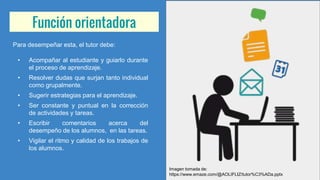 Función orientadora
Para desempeñar esta, el tutor debe:
• Acompañar al estudiante y guiarlo durante
el proceso de aprendizaje.
• Resolver dudas que surjan tanto individual
como grupalmente.
• Sugerir estrategias para el aprendizaje.
• Ser constante y puntual en la corrección
de actividades y tareas.
• Escribir comentarios acerca del
desempeño de los alumnos, en las tareas.
• Vigilar el ritmo y calidad de los trabajos de
los alumnos.
Imagen tomada de:
https://www.emaze.com/@AOLIFLIZ/tutor%C3%ADa.pptx
 
