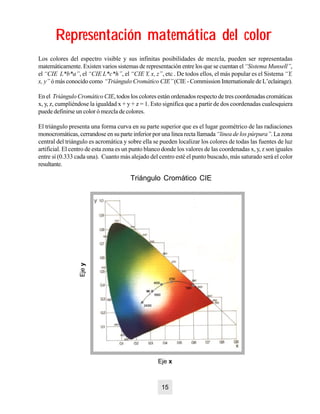 Representación matemática del colorRepresentación matemática del color
Los colores del espectro visible y sus infinitas posibilidades de mezcla, pueden ser representadas
matemáticamente. Existen varios sistemas de representación entre los que se cuentan el“Sistema Munsell”,
el “CIE L*b*a”, el “CIE L*c*h”, el “CIE Y, x, z”, etc . De todos ellos, el más popular es el Sistema “Y,
x, y” ó más conocido como “Triángulo Cromático CIE”(CIE - Commission Internationale de L’eclairage).
En el TriánguloCromáticoCIE, todos los colores están ordenados respecto de tres coordenadas cromáticas
x, y, z, cumpliéndose la igualdad x + y + z = 1. Esto significa que a partir de dos coordenadas cualesquiera
puede definirse un color ó mezcla de colores.
El triángulo presenta una forma curva en su parte superior que es el lugar geométrico de las radiaciones
monocromáticas, cerrandose en su parte inferior por una linea recta llamada“linea de los púrpura”. La zona
central del triángulo es acromática y sobre ella se pueden localizar los colores de todas las fuentes de luz
artificial. El centro de esta zona es un punto blanco donde los valores de las coordenadas x, y, z son iguales
entre sí (0.333 cada una). Cuanto más alejado del centro esté el punto buscado, más saturado será el color
resultante.
15
Triángulo Cromático CIE
Ejey
Eje x
6500
4000
24000
2700
1300
 