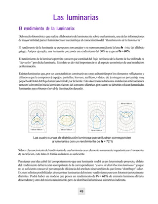 Las luminariasLas luminarias
El rendimiento de la luminaria:El rendimiento de la luminaria:
Delestudiofotométricoquerealizaellaboratoriodeluminotecniasobreunaluminaria,unadelasinformaciones
de mayor utilidad para el luminotécnico la constituye el conocimiento del“Rendimiento de la luminaria”.
El rendimento de la luminaria se expresa en porcentajes y se representa mediante la letrahh (eta)delalfabeto
griego. Así por ejemplo, una luminaria que posée un rendimiento del 60% se expresa hh = 60%.
El rendimiento de la luminaria permite conocer que cantidad del flujo luminoso de la fuente de luz utilizada es
“devuelto” por dicha luminaria. Este dato es de vital importancia en el aspecto económico de una instalación
deiluminación.
Existenluminariasque,porsuscaracterísticasconstructivascomoasítambiénporloselementosreflectantesy
difusores que la componen ( espejos, pantallas, louvers, acrílicos, vidrios, etc ) entregan un porcentaje muy
pequeñodeltotaldelflujoluminosoemitidoporlafuente.Estodacomoresultadounainstalaciónantieconómica
tantoenlainversióninicialcomoenelcostodelconsumoeléctrico,porcuantosedeberáncolocardemasiadas
luminarias para obtener el nivel de iluminación deseado.
Sibienelconocimientodelrendimientodeunaluminariaesunelementosumamenteimportanteenel momento
de la elección, este dato en forma aislada no es suficiente.
Para tener una idea cabal del comportamiento que una luminaria tendrá en un determinado proyecto, el dato
del rendimiento deberá estar acompañado de la correspondiente “curva de distribución luminosa”ya que
noessuficienteconocerelporcentajedeeficienciadelartefactosinotambiéndequeforma“distribuye”laluz.
Existeninfinitasposibilidadesdeencontrarluminariasdelmismorendimientoperoconfotometríastotalmente
distintas. Podrá haber un modelo que posea un rendimiento de hh = 60% de emisión luminosa directa
descendente y otro del mismo rendimiento pero de distribución luminosa asimétrica indirecta.
500 cd / 1000 Lm 250 cd / 1000 Lm 750 cd / 1000 Lm
500 cd / 1000 Lm
Las cuatro curvas de distribución luminosa que se ilustran corresponden
a luminarias con un rendimiento de hh = 72 %
49
 