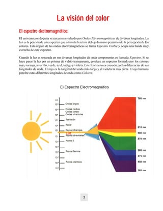 La visión del colorLa visión del color
El espectro electromagnético:El espectro electromagnético:
El universo por doquier se encuentra rodeado por Ondas Electromagnéticas de diversas longitudes. La
luz es la porción de este espectro que estimula la retina del ojo humano permitiendo la percepción de los
colores. Esta región de las ondas electromagnéticas se llama Espectro Visible y ocupa una banda muy
estrecha de este espectro.
Cuando la luz es separada en sus diversas longitudes de onda componentes es llamada Espectro. Si se
hace pasar la luz por un prisma de vidrio transparente, produce un espectro formado por los colores
rojo, naranja, amarillo, verde, azul, indigo y violeta. Este fenémeno es causado por las diferencias de sus
longitudes de onda. El rojo es la longitud del onda más larga y el violeta la más corta. El ojo humano
percibe estas diferentes longitudes de onda como Colores.
El Espectro Electromagnético
780 nm
610 nm
590 nm
570 nm
500 nm
475 nm
450 nm
380 nm
3
 