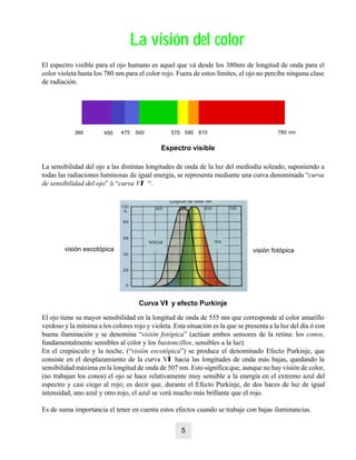 La visión del colorLa visión del color
La sensibilidad del ojo a las distintas longitudes de onda de la luz del mediodía soleado, suponiendo a
todas las radiaciones luminosas de igual energía, se representa mediante una curva denominada “curva
de sensibilidad del ojo” ó “curva Vll “.
El ojo tiene su mayor sensibilidad en la longitud de onda de 555 nm que corresponde al color amarillo
verdoso y la mínima a los colores rojo y violeta. Esta situación es la que se presenta a la luz del día ó con
buena iluminación y se denomina “visión fotópica” (actúan ambos sensores de la retina: los conos,
fundamentalmente sensibles al color y los bastoncillos, sensibles a la luz).
En el crepúsculo y la noche, (“visión escotópica”) se produce el denominado Efecto Purkinje, que
consiste en el desplazamiento de la curva Vll hacia las longitudes de onda más bajas, quedando la
sensibilidad máxima en la longitud de onda de 507 nm. Esto significa que, aunque no hay visión de color,
(no trabajan los conos) el ojo se hace relativamente muy sensible a la energía en el extremo azul del
espectro y casi ciego al rojo; es decir que, durante el Efecto Purkinje, de dos haces de luz de igual
intensidad, uno azul y otro rojo, el azul se verá mucho más brillante que el rojo.
Es de suma importancia el tener en cuenta estos efectos cuando se trabaje con bajas iluminancias.
5
Curva Vll y efecto Purkinje
visión fotópicavisión escotópica
El espectro visible para el ojo humano es aquel que vá desde los 380nm de longitud de onda para el
color violeta hasta los 780 nm para el color rojo. Fuera de estos límites, el ojo no percibe ninguna clase
de radiación.
Espectro visible
380 450 570 610 780 nm590500475
 
