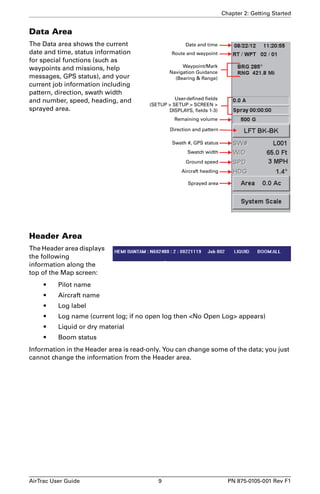 Chapter 2: Getting Started 
Data Area 
The Data area shows the current 
date and time, status information 
for special functions (such as 
waypoints and missions, help 
messages, GPS status), and your 
current job information including 
pattern, direction, swath width 
and number, speed, heading, and 
sprayed area. 
Header Area 
The Header area displays 
the following 
information along the 
top of the Map screen: 
Date and time 
Route and waypoint 
Waypoint/Mark 
Navigation Guidance 
(Bearing & Range) 
User-defined fields 
(SETUP > SETUP > SCREEN > 
DISPLAYS, fields 1-3) 
Remaining volume 
Direction and pattern 
Swath #, GPS status 
Swatch width 
Ground speed 
Aircraft heading 
Sprayed area 
• Pilot name 
• Aircraft name 
• Log label 
• Log name (current log; if no open log then <No Open Log> appears) 
• Liquid or dry material 
• Boom status 
Information in the Header area is read-only. You can change some of the data; you just 
cannot change the information from the Header area. 
AirTrac User Guide 9 PN 875-0105-001 Rev F1 
 