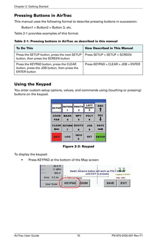 Chapter 2: Getting Started 
Pressing Buttons in AirTrac 
This manual uses the following format to describe pressing buttons in succession: 
Button1 > Button2 > Button 3, etc. 
Table 2-1 provides examples of this format. 
Table 2-1: Pressing buttons in AirTrac as described in this manual 
To Do This How Described in This Manual 
Press the SETUP button, press the next SETUP 
Press SETUP > SETUP > SCREEN 
button, then press the SCREEN button 
Press the KEYPAD button, press the CLEAR 
button, press the JOB button, then press the 
ENTER button 
Press KEYPAD > CLEAR > JOB > ENTER 
Using the Keypad 
You enter custom setup options, values, and commands using (touching or pressing) 
buttons on the keypad. 
Figure 2-3: Keypad 
To display the keypad: 
• Press KEYPAD at the bottom of the Map screen 
AirTrac User Guide 10 PN 875-0105-001 Rev F1 
 