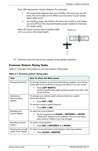 Chapter 4: Pattern Guidance 
Each LED represents a certain distance. For example: 
• For cross-track distance (top row of LEDs), the more you are off-track, 
the more LEDs are lit. When you are closer to your target, 
fewer LEDs are lit. 
• For heading angle, the farther off-center the lit LED is, the farther 
you are off from the required heading angle needed to intercept 
the target swath. 
When the center vertical row of lightbar LEDs 
is lit, you are on the target swath. 
Swath line 
10. Continue to fly the rest of your swaths using lightbar guidance. 
Common Pattern Flying Tasks 
Table 4-1 provides information on common pattern flying tasks. 
Table 4-1: Common pattern flying tasks 
Task How To (from the Main menu) 
Changing direction To change direction at any time while flying a pattern, from flying 
to the right of the A-B line to flying to the left of it (or vice versa): 
• Press LEFT RIGHT3 
AirTrac transfers the swath guidance grid to the other side 
of the A-B line. 
Advancing/ 
decrementing 
swaths 
To change your remote swath advance button to a swath 
decrement button: 
• Press SET  DEC 
To change it back to swath advance: 
• Press SET  ABC 
Resetting the 
current pattern 
To reset the current pattern: 
• On the keypad press CLEAR  PATTERN1  ENTER 
“Waiting A” appears on the lightbar. Your current spray 
data remains visible in the map window. 
Recalling a saved 
pattern 
To recall a saved pattern: 
• Press SET  PATTERN1 n  ENTER 
Clearing the aircraft 
swath mark display 
To clear the aircraft swath mark display in the map window: 
• Press CLEAR  SWATH2 
AirTrac User Guide 35 PN 875-0105-001 Rev F1 
 