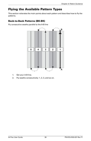 Chapter 4: Pattern Guidance 
Flying the Available Pattern Types 
This section reiterates the main points about each pattern and describes how to fly the 
patterns. 
Back-to-Back Patterns (BK-BK) 
Fly consecutive swaths parallel to the A-B line 
B 
5 4 3 2 1 
1. Set your A-B line. 
2. Fly swaths consecutively: 1, 2, 3, and so on. 
A 
AirTrac User Guide 39 PN 875-0105-001 Rev F1 
 