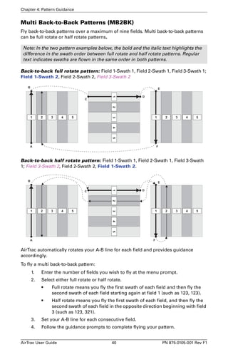 Chapter 4: Pattern Guidance 
Multi Back-to-Back Patterns (MB2BK) 
Fly back-to-back patterns over a maximum of nine fields. Multi back-to-back patterns 
can be full rotate or half rotate patterns. 
Note: In the two pattern examples below, the bold and the italic text highlights the 
difference in the swath order between full rotate and half rotate patterns. Regular 
text indicates swaths are flown in the same order in both patterns. 
Back-to-back full rotate pattern: Field 1-Swath 1, Field 2-Swath 1, Field 3-Swath 1; 
Field 1-Swath 2, Field 2-Swath 2, Field 3-Swath 2 
1 3 4 
B 
A 
1 2 3 4 5 
C 
C 
D 
E 
2 1 3 4 5 
F 
2 
5 
Back-to-back half rotate pattern: Field 1-Swath 1, Field 2-Swath 1, Field 3-Swath 
1; Field 3-Swath 2, Field 2-Swath 2, Field 1-Swath 2. 
1 3 4 
B 
A 
1 3 4 5 
D 
E 
2 
C 
2 5 1 2 
3 4 5 
F 
AirTrac automatically rotates your A-B line for each field and provides guidance 
accordingly. 
To fly a multi back-to-back pattern: 
1. Enter the number of fields you wish to fly at the menu prompt. 
2. Select either full rotate or half rotate. 
• Full rotate means you fly the first swath of each field and then fly the 
second swath of each field starting again at field 1 (such as 123, 123). 
• Half rotate means you fly the first swath of each field, and then fly the 
second swath of each field in the opposite direction beginning with field 
3 (such as 123, 321). 
3. Set your A-B line for each consecutive field. 
4. Follow the guidance prompts to complete flying your pattern. 
AirTrac User Guide 40 PN 875-0105-001 Rev F1 
 