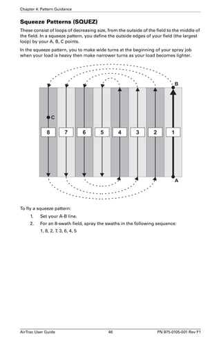 Chapter 4: Pattern Guidance 
Squeeze Patterns (SQUEZ) 
These consist of loops of decreasing size, from the outside of the field to the middle of 
the field. In a squeeze pattern, you define the outside edges of your field (the largest 
loop) by your A, B, C points. 
In the squeeze pattern, you to make wide turns at the beginning of your spray job 
when your load is heavy then make narrower turns as your load becomes lighter. 
B 
C 
8 7 6 5 4 3 2 1 
To fly a squeeze pattern: 
A 
1. Set your A-B line. 
2. For an 8-swath field, spray the swaths in the following sequence: 
1, 8, 2, 7, 3, 6, 4, 5 
AirTrac User Guide 46 PN 875-0105-001 Rev F1 
 