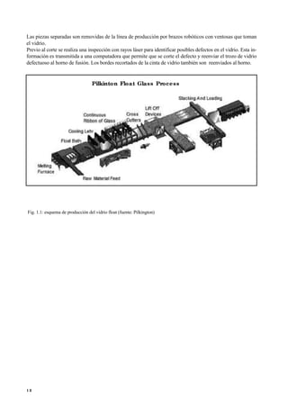 Las piezas separadas son removidas de la línea de producción por brazos robóticos con ventosas que toman
el vidrio.
Previo al corte se realiza una inspección con rayos láser para identificar posibles defectos en el vidrio. Esta in-
formación es transmitida a una computadora que permite que se corte el defecto y reenviar el trozo de vidrio
defectuoso al horno de fusión. Los bordes recortados de la cinta de vidrio también son reenviados al horno.
Fig. 1.1: esquema de producción del vidrio float (fuente: Pilkington)
1 2
Pilkinton Float Glass Process
 