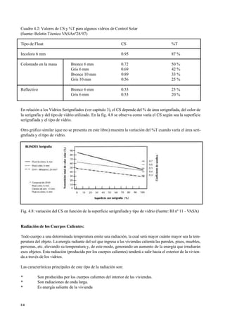 Cuadro 4.2: Valores de CS y %T para algunos vidrios de Control Solar
(fuente: Boletín Técnico VASAnº28/97)
Tipo de Float CS %T
Incoloro 6 mm 0.95 87 %
Coloreado en la masa Bronce 6 mm 0.72 50 %
Gris 6 mm 0.69 42 %
Bronce 10 mm 0.89 33 %
Gris 10 mm 0.56 25 %
Reflectivo Bronce 6 mm 0.53 25 %
Gris 6 mm 0.53 20 %
En relación a los Vidrios Serigrafiados (ver capítulo 3), el CS depende del % de área serigrafiada, del color de
la serigrafía y del tipo de vidrio utilizado. En la fig. 4.8 se observa como varía el CS según sea la superficie
serigrafiada y el tipo de vidrio.
Otro gráfico similar (que no se presenta en este libro) muestra la variación del %T cuando varía el área seri-
grafiada y el tipo de vidrio.
Fig. 4.8: variación del CS en función de la superficie serigrafiada y tipo de vidrio (fuente: BI nº 11 - VASA)
Radiación de los Cuerpos Calientes:
Todo cuerpo a una determinada temperatura emite una radiación, la cual será mayor cuánto mayor sea la tem-
peratura del objeto. La energía radiante del sol que ingresa a las viviendas calienta las paredes, pisos, muebles,
personas, etc. elevando su temperatura y, de este modo, generando un aumento de la energía que irradiarán
esos objetos. Esta radiación (producida por los cuerpos calientes) tenderá a salir hacia el exterior de la vivien-
da a través de los vidrios.
Las características principales de este tipo de la radiación son:
• Son producidas por los cuerpos calientes del interior de las viviendas.
• Son radiaciones de onda larga.
• Es energía saliente de la vivienda
3 4
 