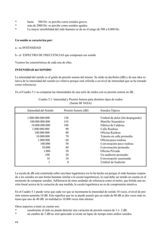 • hasta 500 Hz: se percibe como sonidos graves.
• más de 2000 Hz: se percibe como sonidos agudos.
• La mayor sensibilidad del oído humano se da en el rango de 500 a 8.000 Hz.
Un sonido se caracteriza por:
a.- su INTENSIDAD
b.- el ESPECTRO DE FRECUENCIAS que componen ese sonido
Veamos las características de cada una de ellas.
INTENSIDAD del SONIDO
La intensidad del sonido es el grado de presión sonora del mismo. Se mide en decibeles (dB) y da una idea re-
lativa de la intensidad del sonido (es relativa porque está referida a un nivel de intensidad que se ha tomado
como referencia).
En el Cuadro 5.1 se comparan las intensidades de una serie de ruidos con su presión sonora en dB .
Cuadro 5.1: Intensidad y Presión Sonora para distintos tipos de ruidos
(fuente BI V
ASA)
Intensidad del Sonido Presión Sonora (dB) Sonidos Típicos
1.000.000.000.000 120 Umbral de dolor (Jet despegando)
100.000.000.000 110 Martillo Neumático
10.000.000.000 100 Fábrica de Calderas
1.000.000.000 90 Calle Ruidosa
100.000.000 80 Oficina Ruidosa
10.000.000 70 Tránsito en calle promedio
1.000.000 60 Oficina poco ruidosa
100.000 50 Conversación poco ruidosa
10.000 40 Conversación promedio
1.000 30 Oficina Privada
100 20 Un auditorio promedio
10 10 Conversación susurrando
1 0 Umbral deAudición
La escala de dB está construida sobre una base logarítmica (se lo ha hecho así porque el oído humano respon-
de a los sonidos en una forma bastante similar a la escala logarítmica), lo cual debe ser tenido en cuenta en el
momento de comparar sonidos. Adiferencia de otras unidades de referencia como el metro, que brinda una no-
ción lineal acerca de la variación de una medida, la escala logarítmica no es de comprensión intuitiva.
En el Cuadro 5.1 puede verse que cada vez que se incrementa la intensidad de sonido 10 veces, el nivel de pre-
sión sonora aumenta 10 dB. Esto significa que no se puede asumir que un ruido de 80 dB es dos veces más in-
tenso que uno de 40 dB: en realidad es 10.000 veces más intenso.
Otros aspectos a tener en cuenta son:
• usualmente el oído no puede detectar una variación de presión sonora de 1 ó 2 dB.
• un cambio de 3 dB no será apreciado si existe un lapso de tiempo entre ambos sonidos
4 0
 