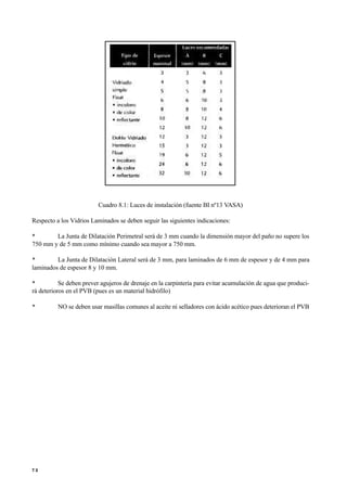 Cuadro 8.1: Luces de instalación (fuente BI nº13 VASA)
Respecto a los Vidrios Laminados se deben seguir las siguientes indicaciones:
• La Junta de Dilatación Perimetral será de 3 mm cuando la dimensión mayor del paño no supere los
750 mm y de 5 mm como mínimo cuando sea mayor a 750 mm.
• La Junta de Dilatación Lateral será de 3 mm, para laminados de 6 mm de espesor y de 4 mm para
laminados de espesor 8 y 10 mm.
• Se deben prever agujeros de drenaje en la carpintería para evitar acumulación de agua que produci-
rá deterioros en el PVB (pues es un material hidrófilo)
• NO se deben usar masillas comunes al aceite ni selladores con ácido acético pues deterioran el PVB
7 2
 